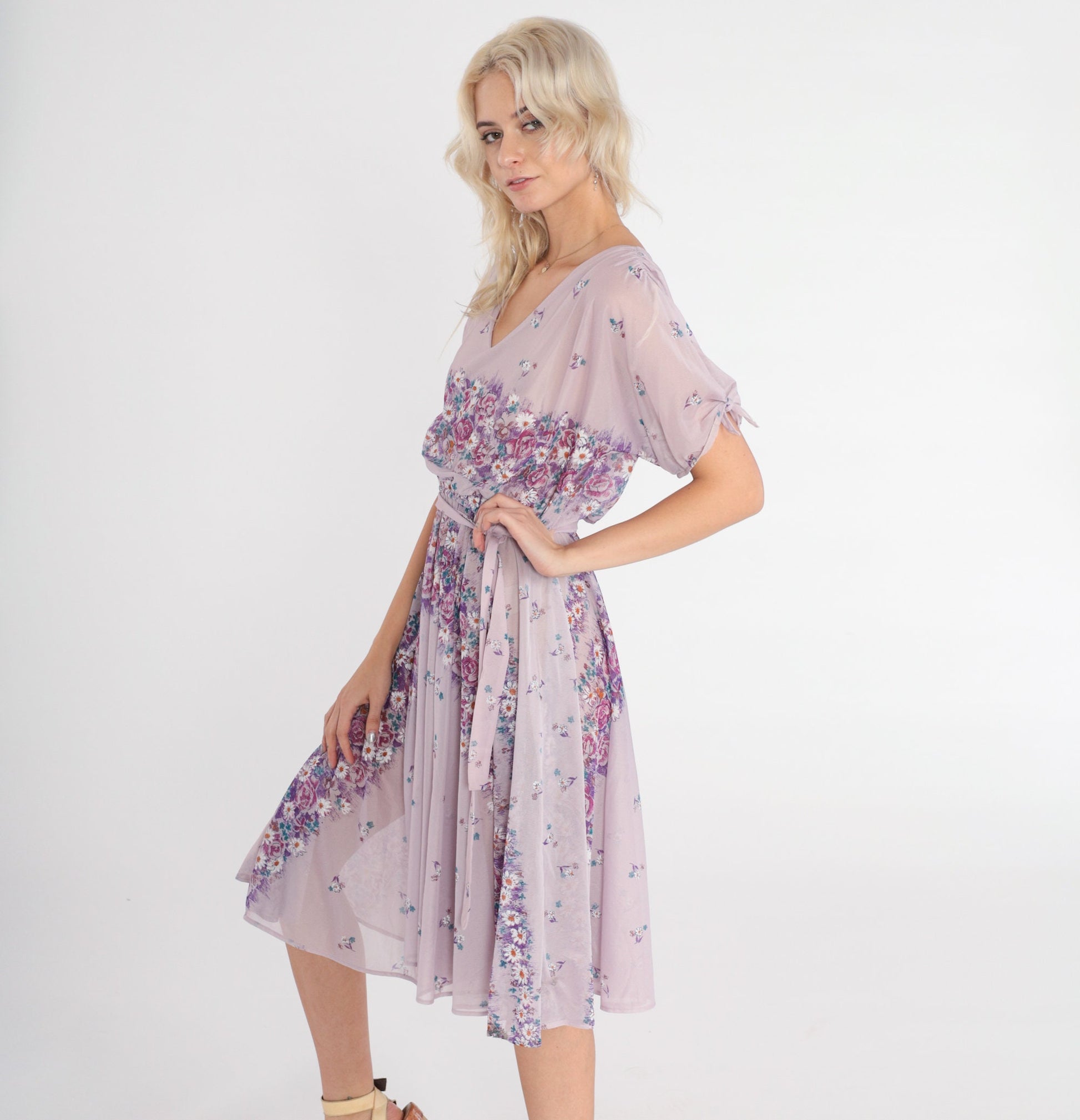 70s Lavender Floral Midi Dress High Waisted Sheer Purple Small Medium