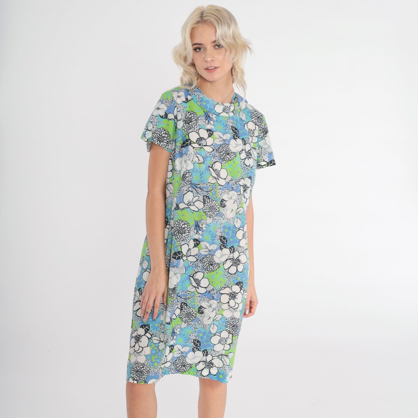 60s Floral Print Shift Dress Mini Blue Green Mod Round Collar Medium
