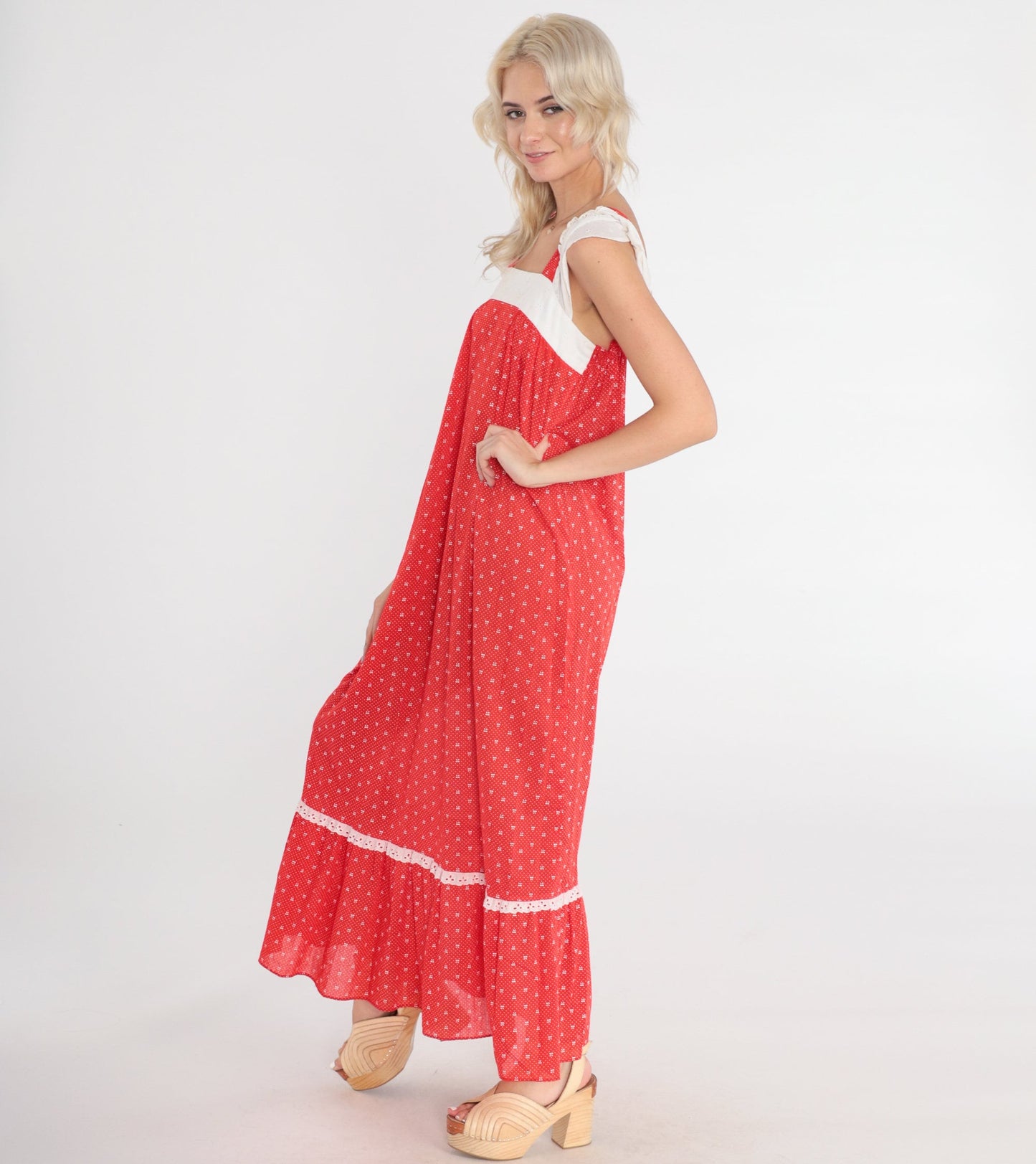 70s Red Maxi Dress Polka Dot Bow Print Eyelet Lace Cap Sleeve Extra Small