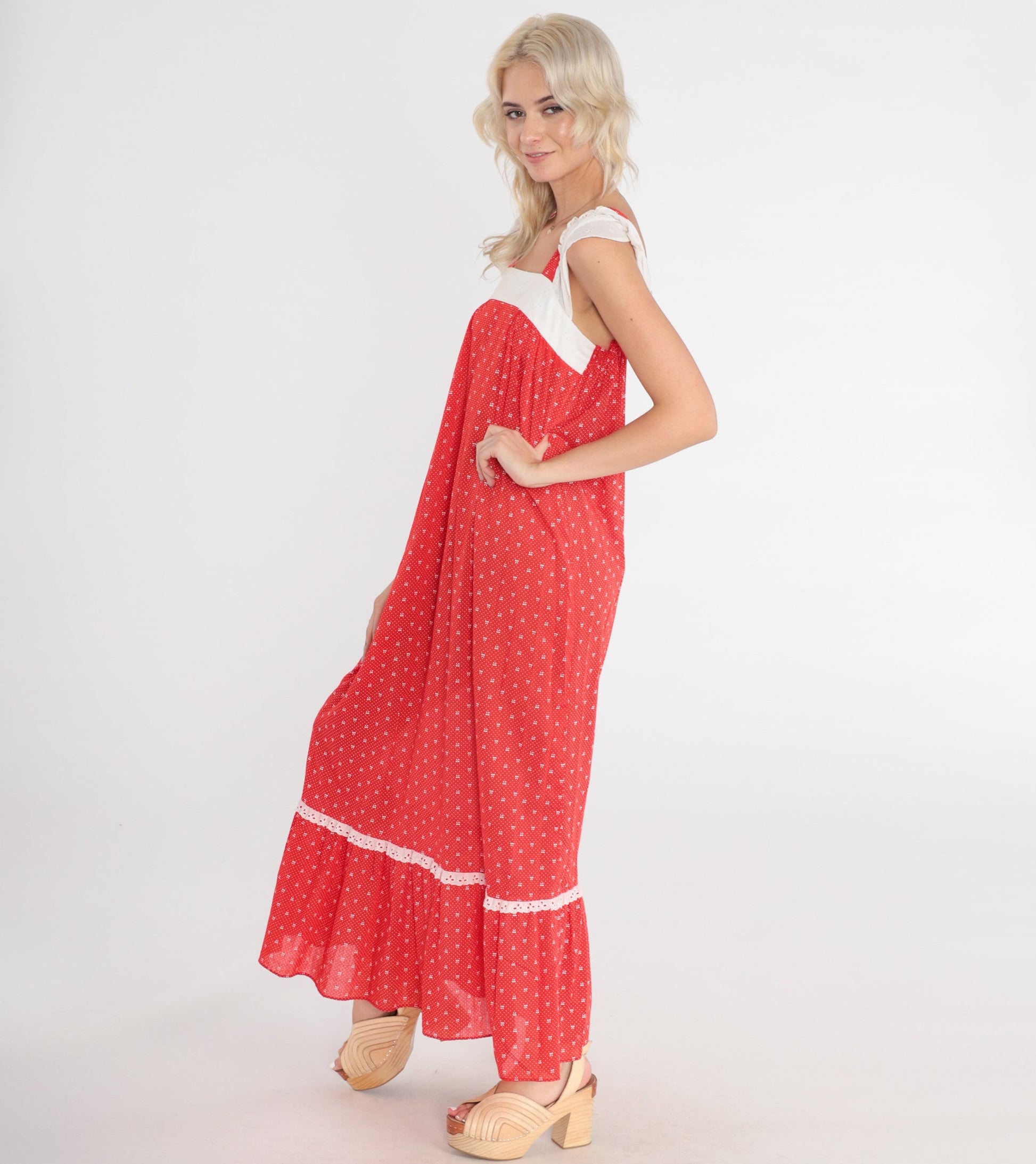 70s Red Maxi Dress Polka Dot Bow Print Eyelet Lace Cap Sleeve Extra Small