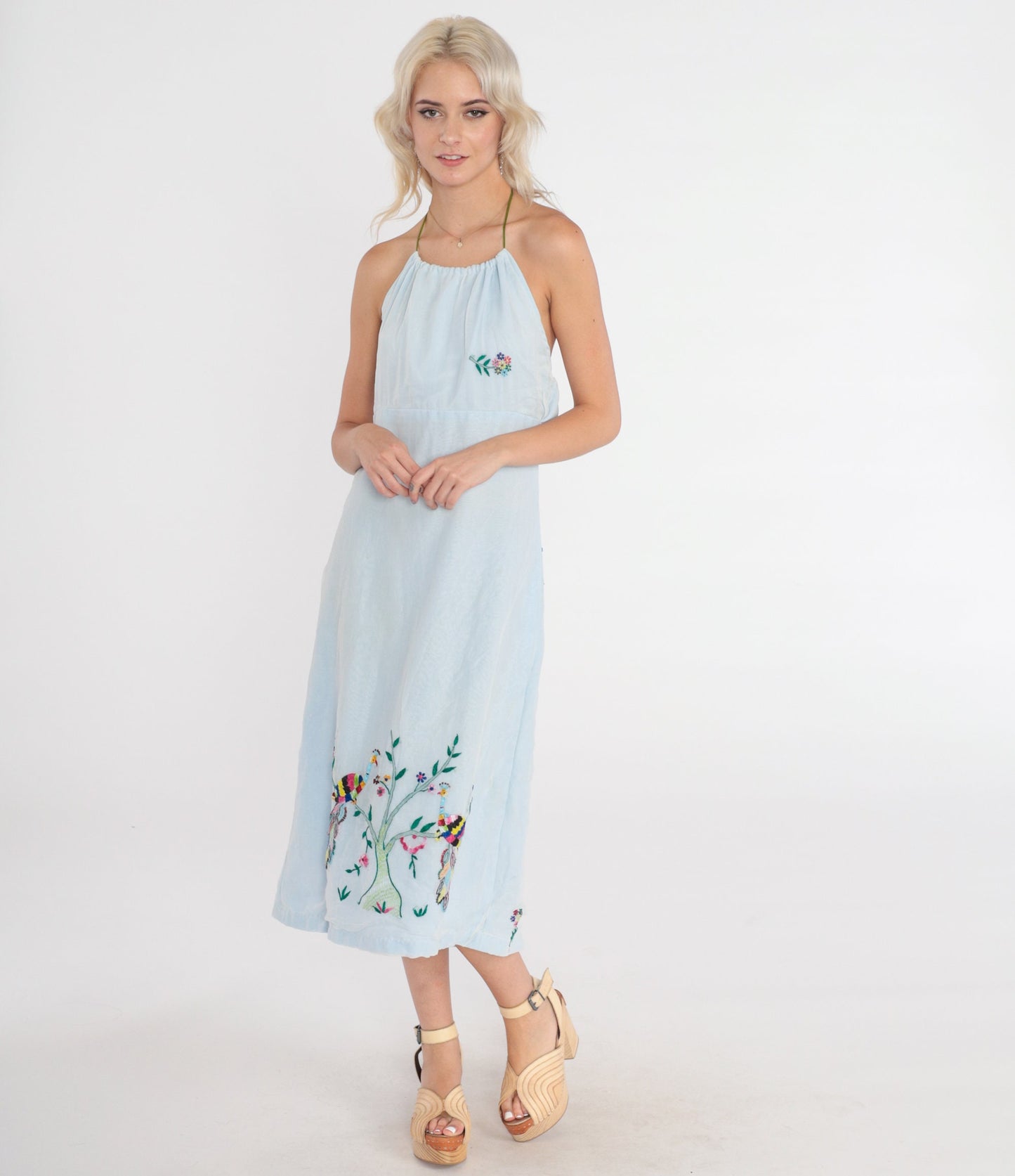 70s Blue Floral Peacock Embroidered Halter Midi Dress Open Back Empire Waist Small