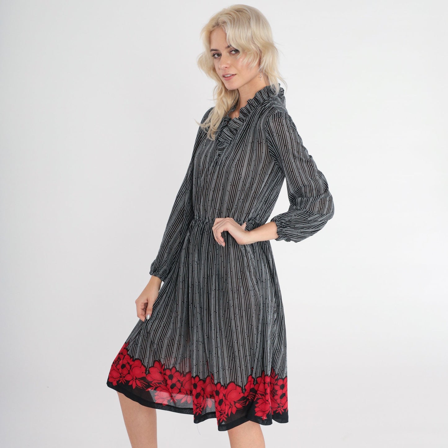 70s Striped Floral Midi Dress Black White Red Flower Print Long Sleeve Small