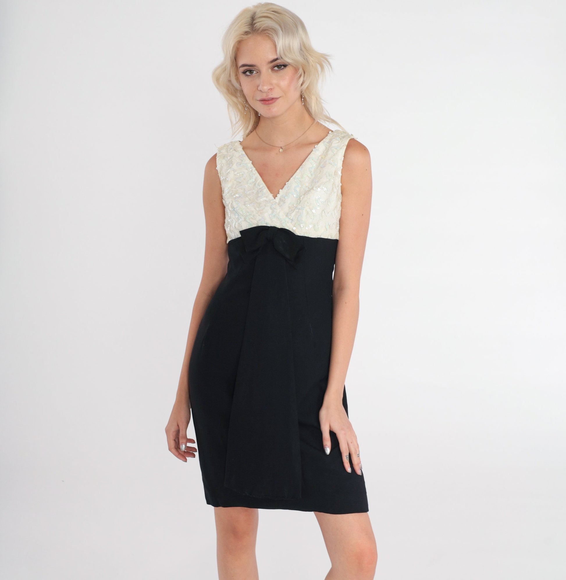60s Sequin Bow Cocktail Dress Black Off-White Empire Waist Mini V-Neck Extra Small