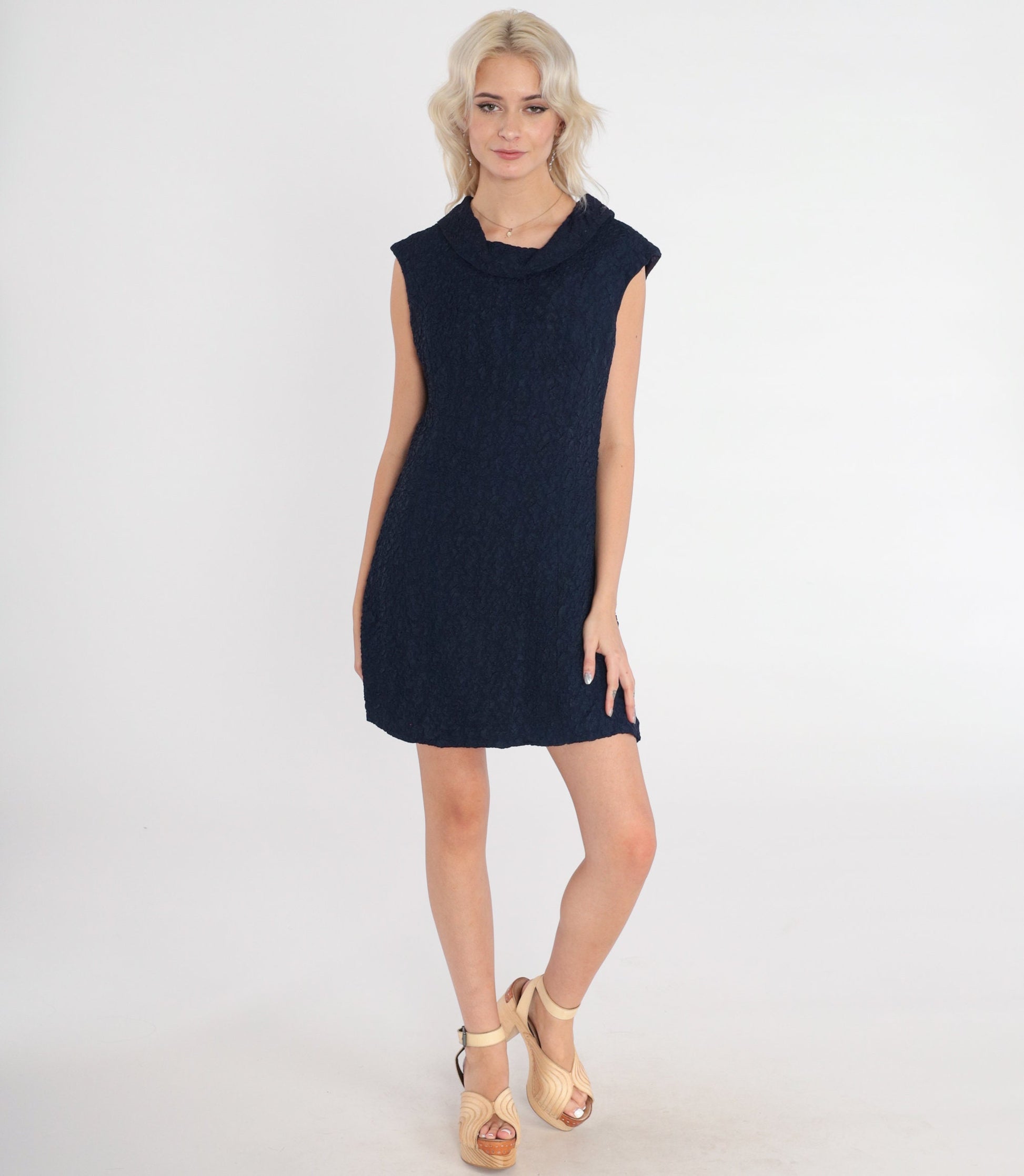 60s Navy Crinkle Shift Dress Sleeveless Cowl Neck Mini Small S