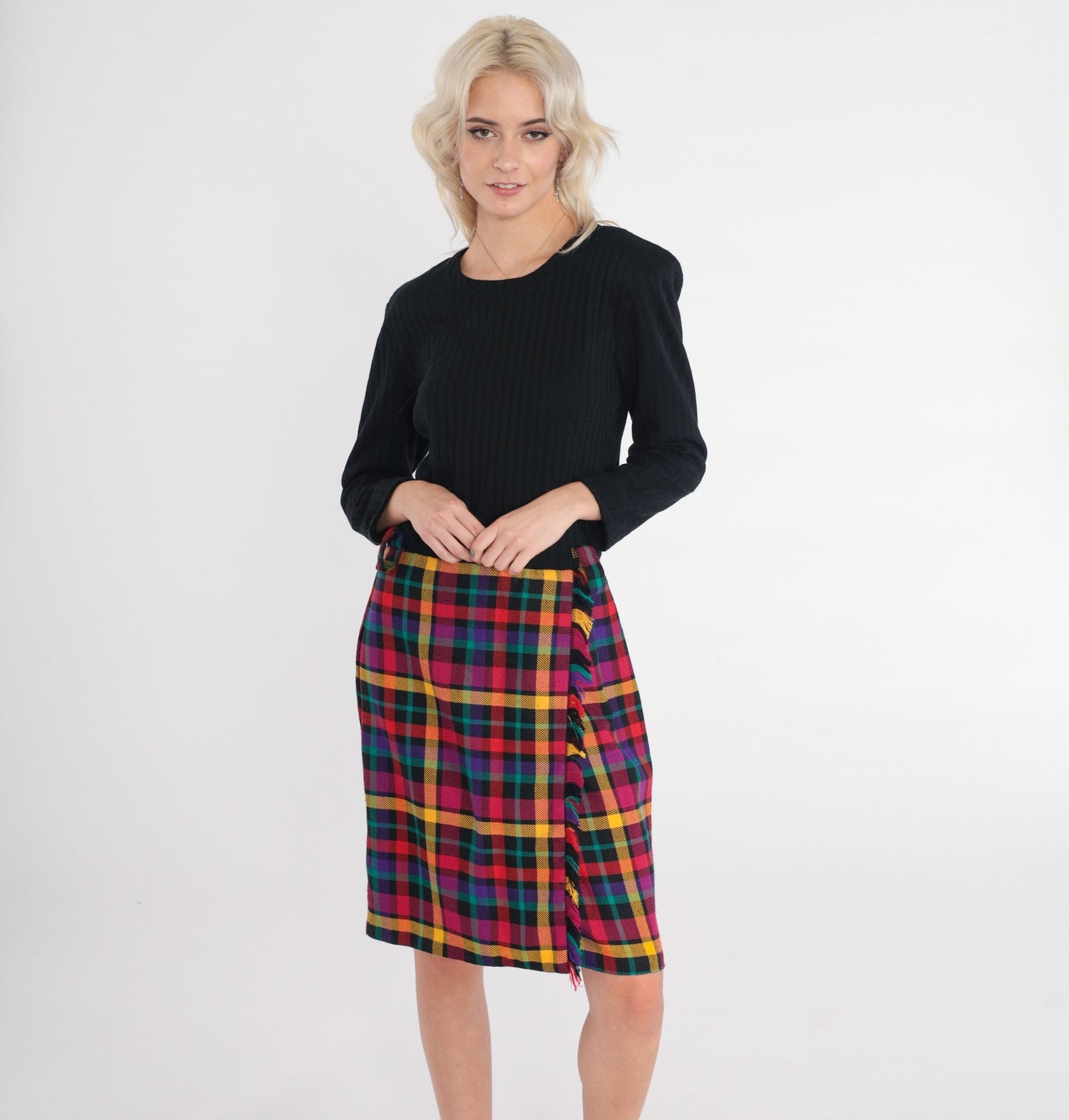 70s Black Plaid Wool Blend Midi Dress Long Sleeve High Waist Medium