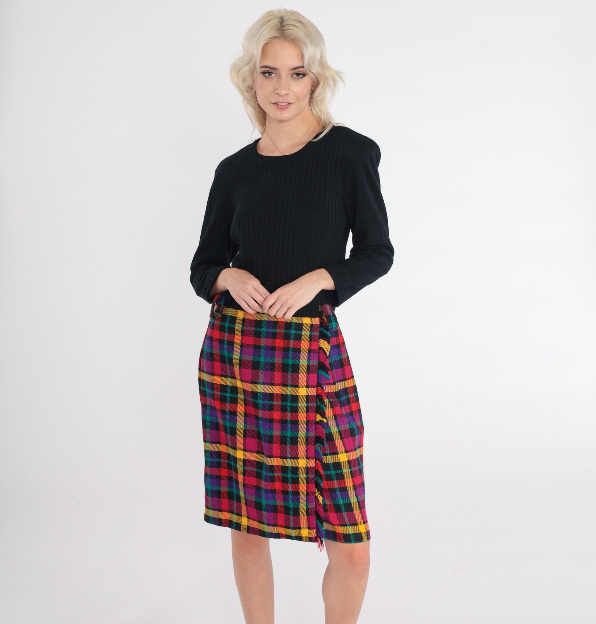 70s Black Plaid Wool Blend Midi Dress Long Sleeve High Waist Medium
