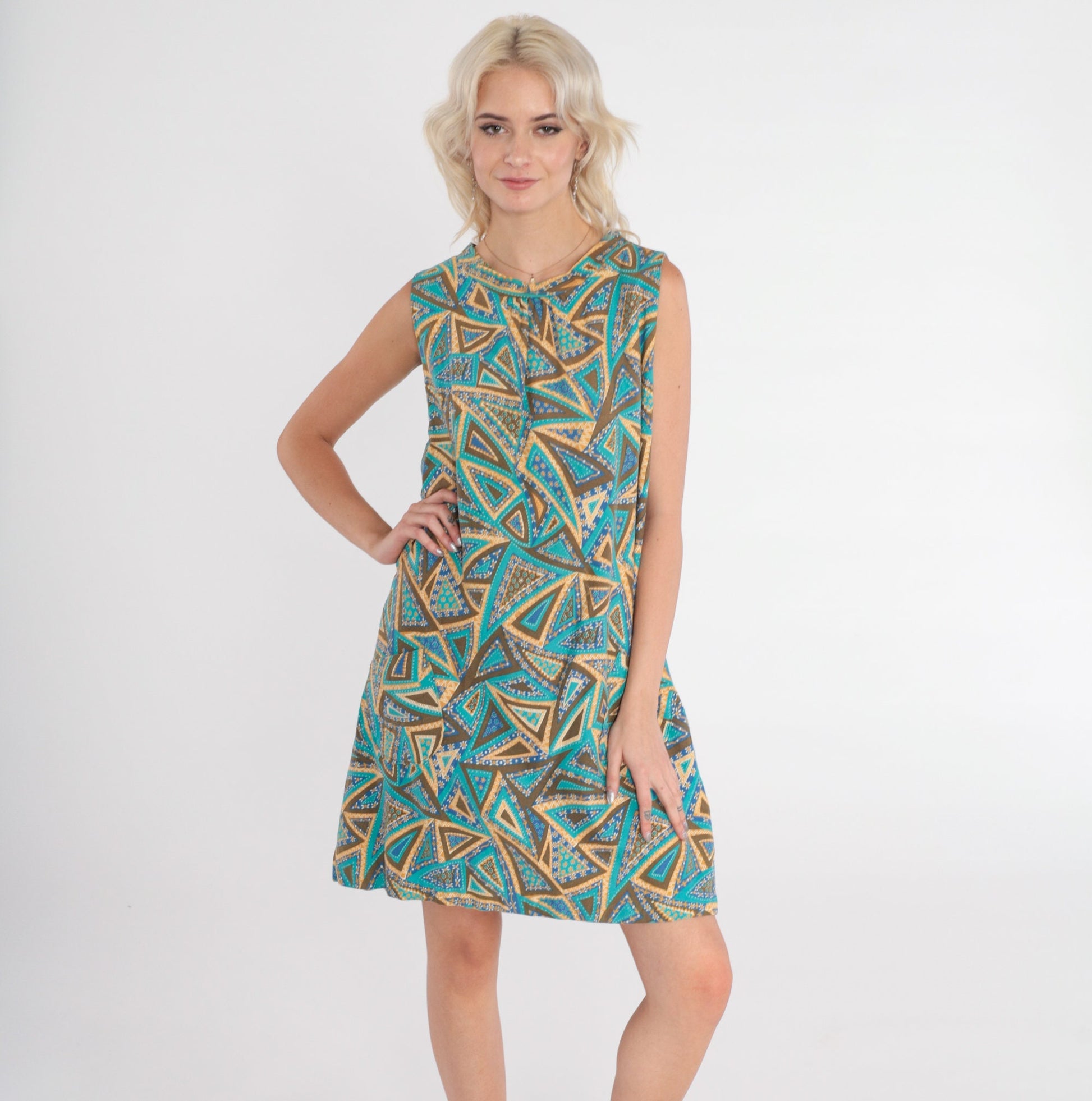 60s Mod Mini Shift Dress Abstract Floral Print Sleeveless Blue Medium M