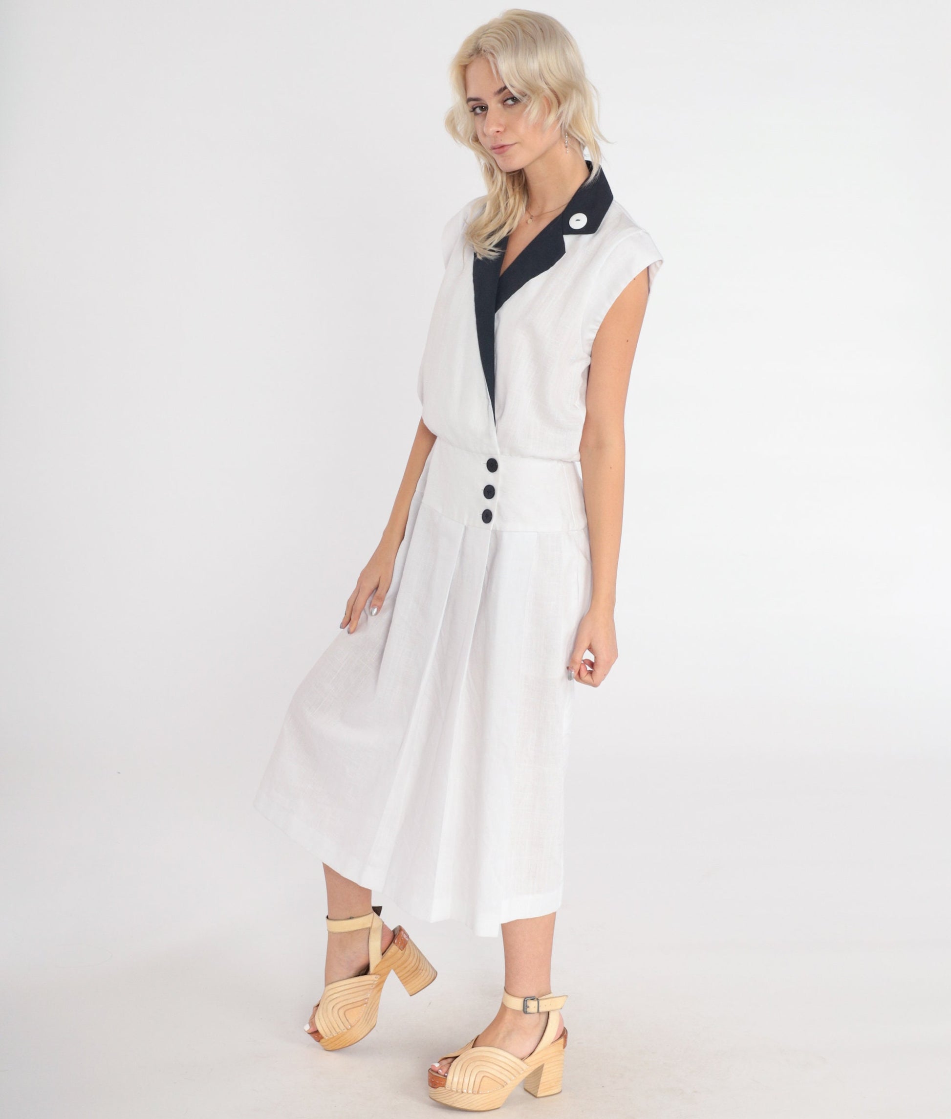 80s White Midi Wrap Dress Black Collar Cap Sleeve Button-Up Small