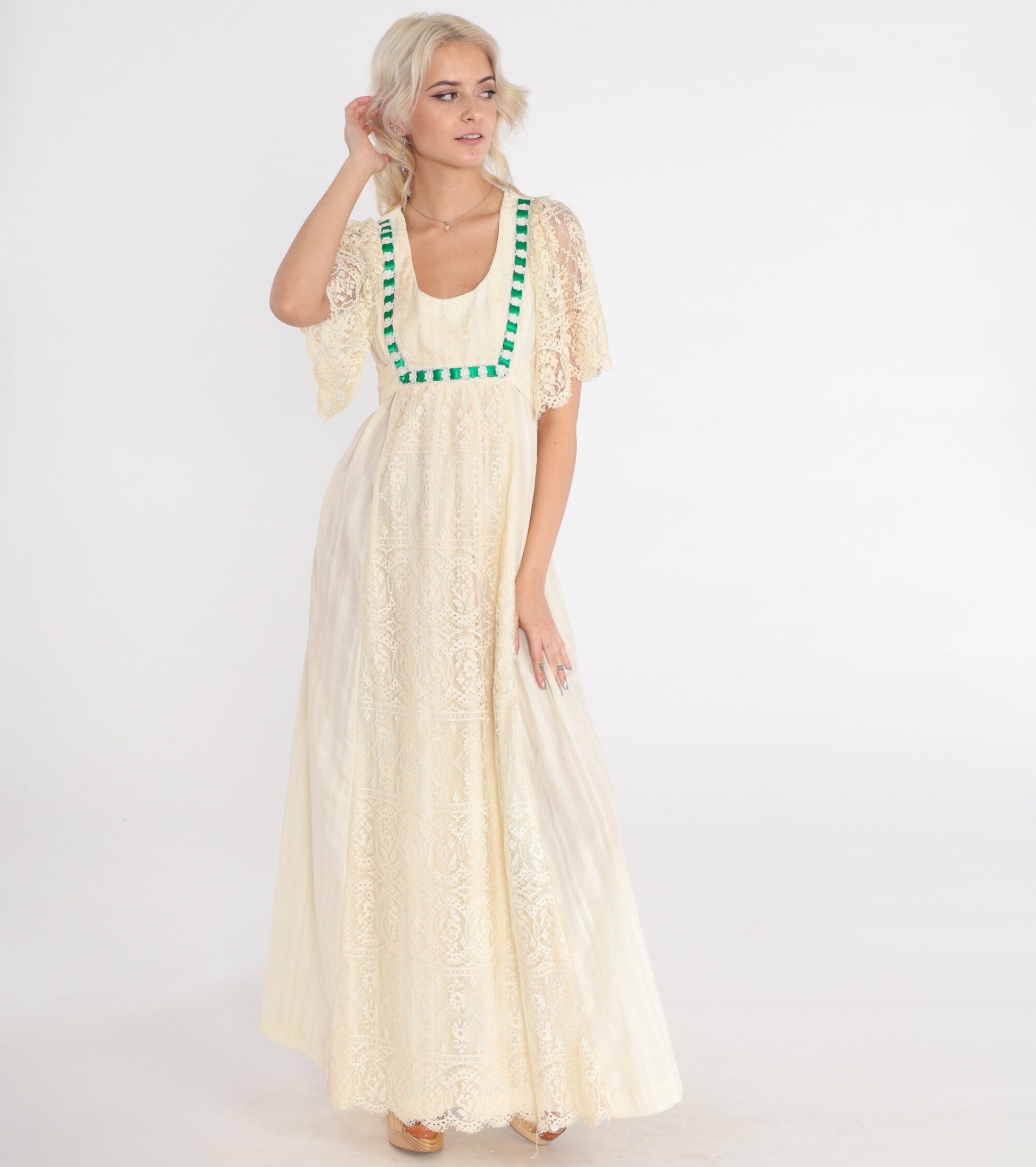 70s Cream Lace Maxi Dress Floral Green Ribbon Empire Waist Bell Sleeve Extra Small