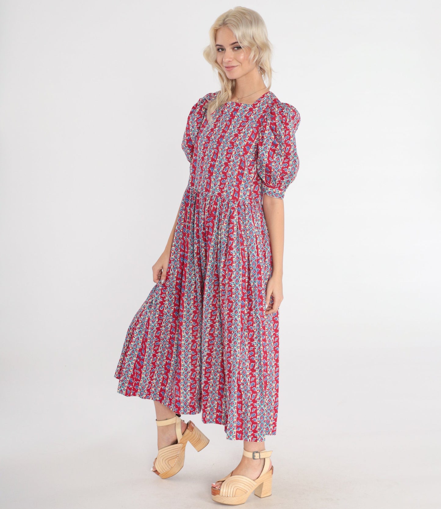 90s Laura Ashley Red Striped Leaf Print Midi Dress Puff Sleeve Medium