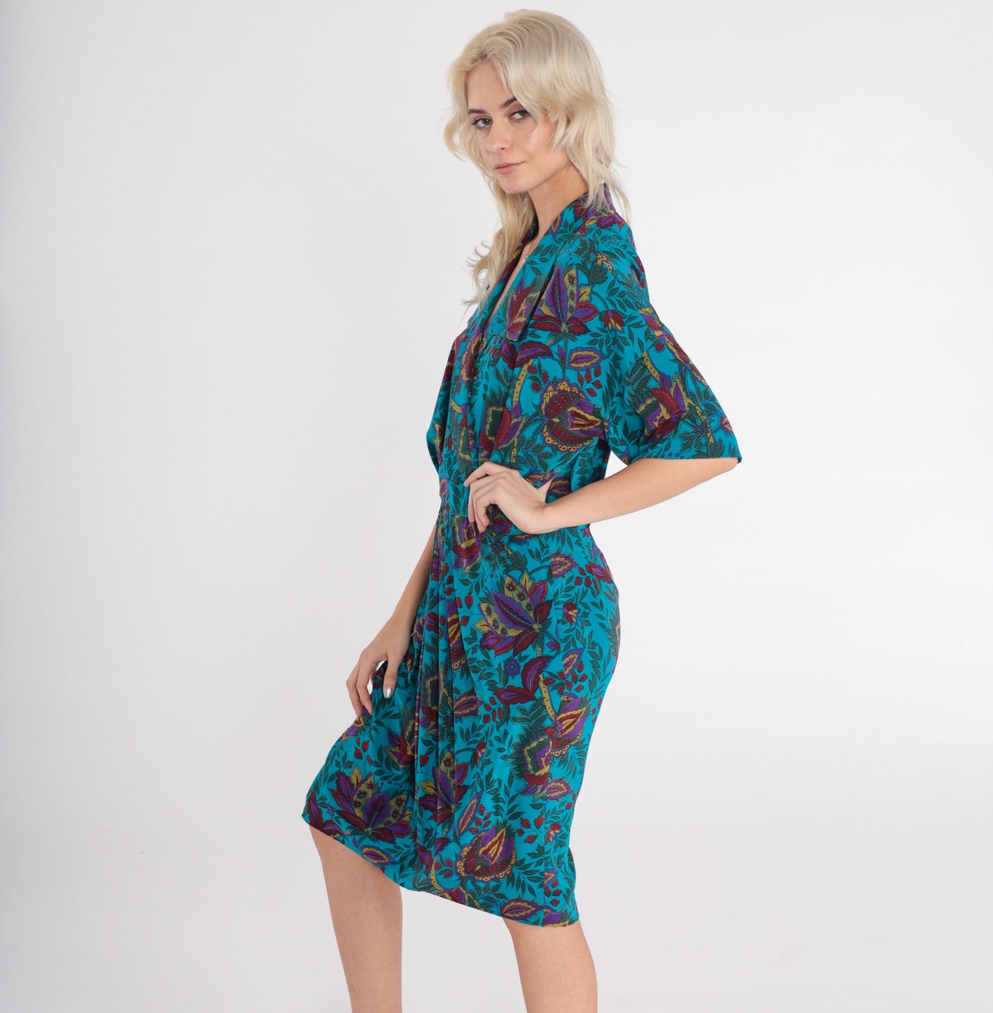 80s Blue Silk Floral Midi Dress High Waisted Collared V Neck Small