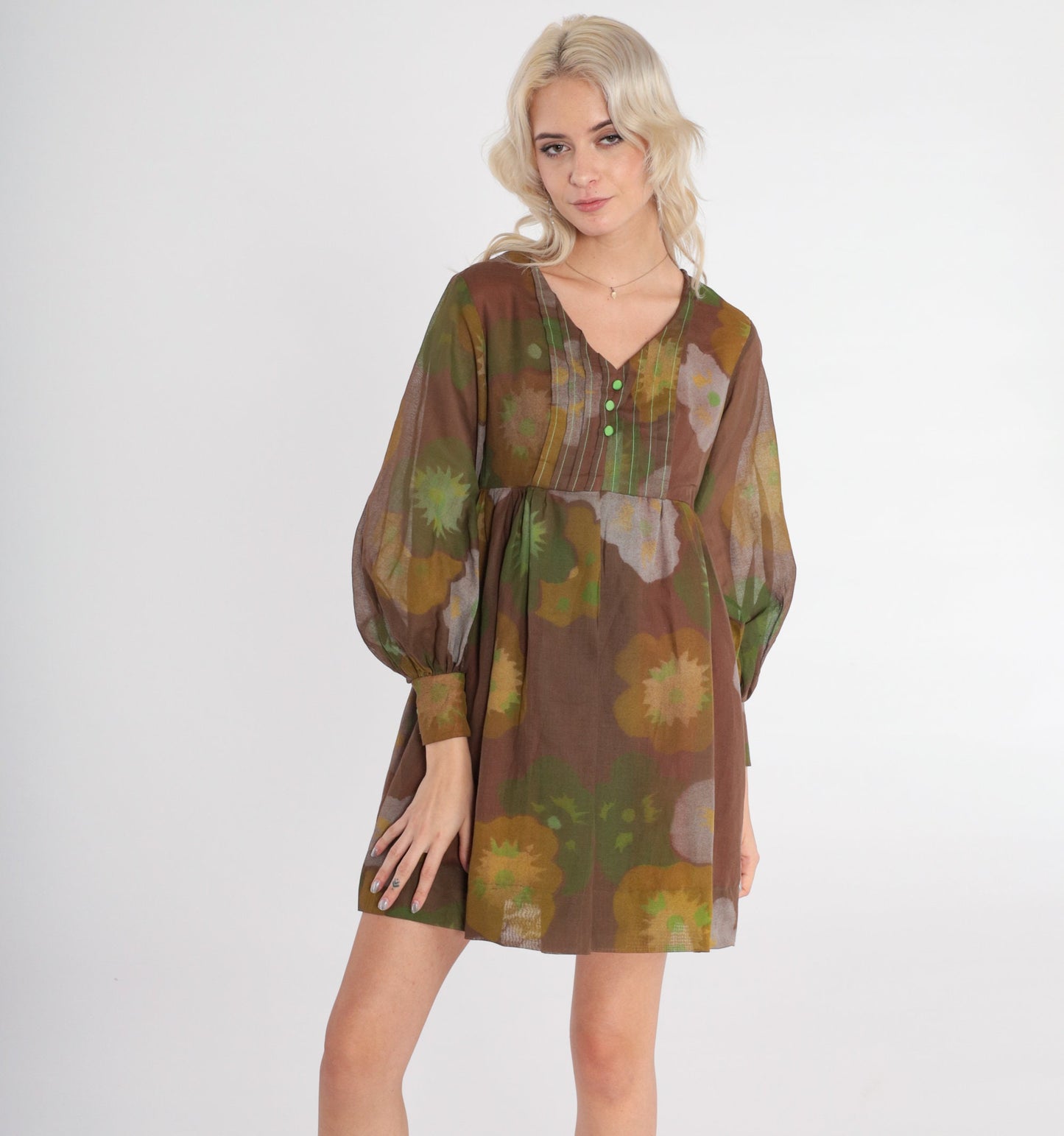 60s Brown Floral Babydoll Dress Mini Empire Waist Balloon Sleeve Extra Small