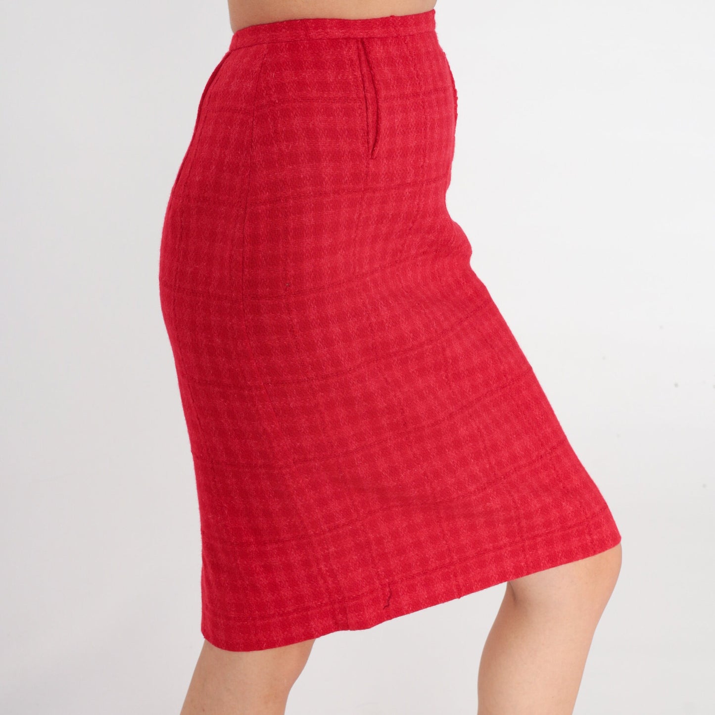 60s Bobbie Brooks Wool Skirt Red Checkered Pencil High Waist XXS