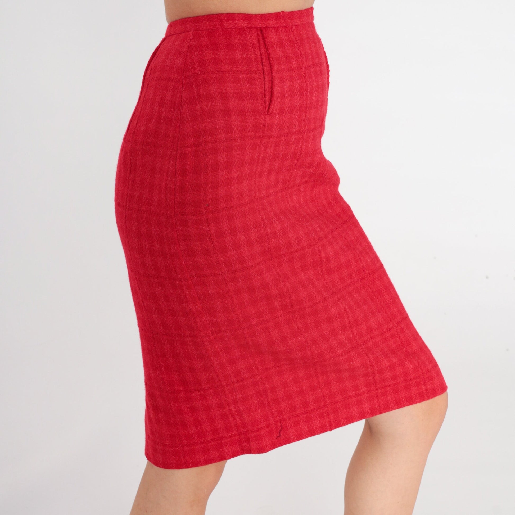 60s Bobbie Brooks Wool Skirt Red Checkered Pencil High Waist XXS