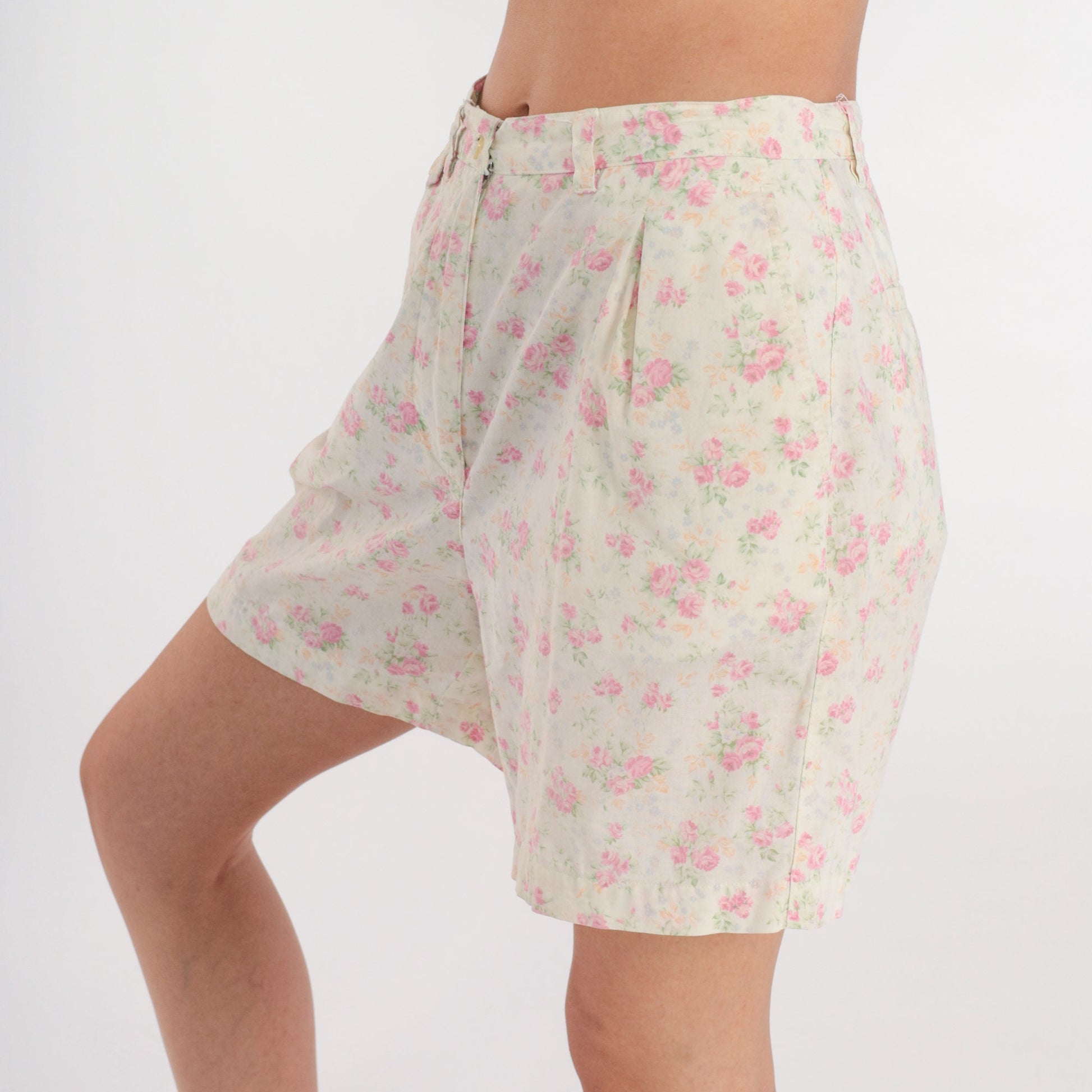 Ralph Lauren Floral Shorts Pale Yellow Pink Pleated High Waist Small S