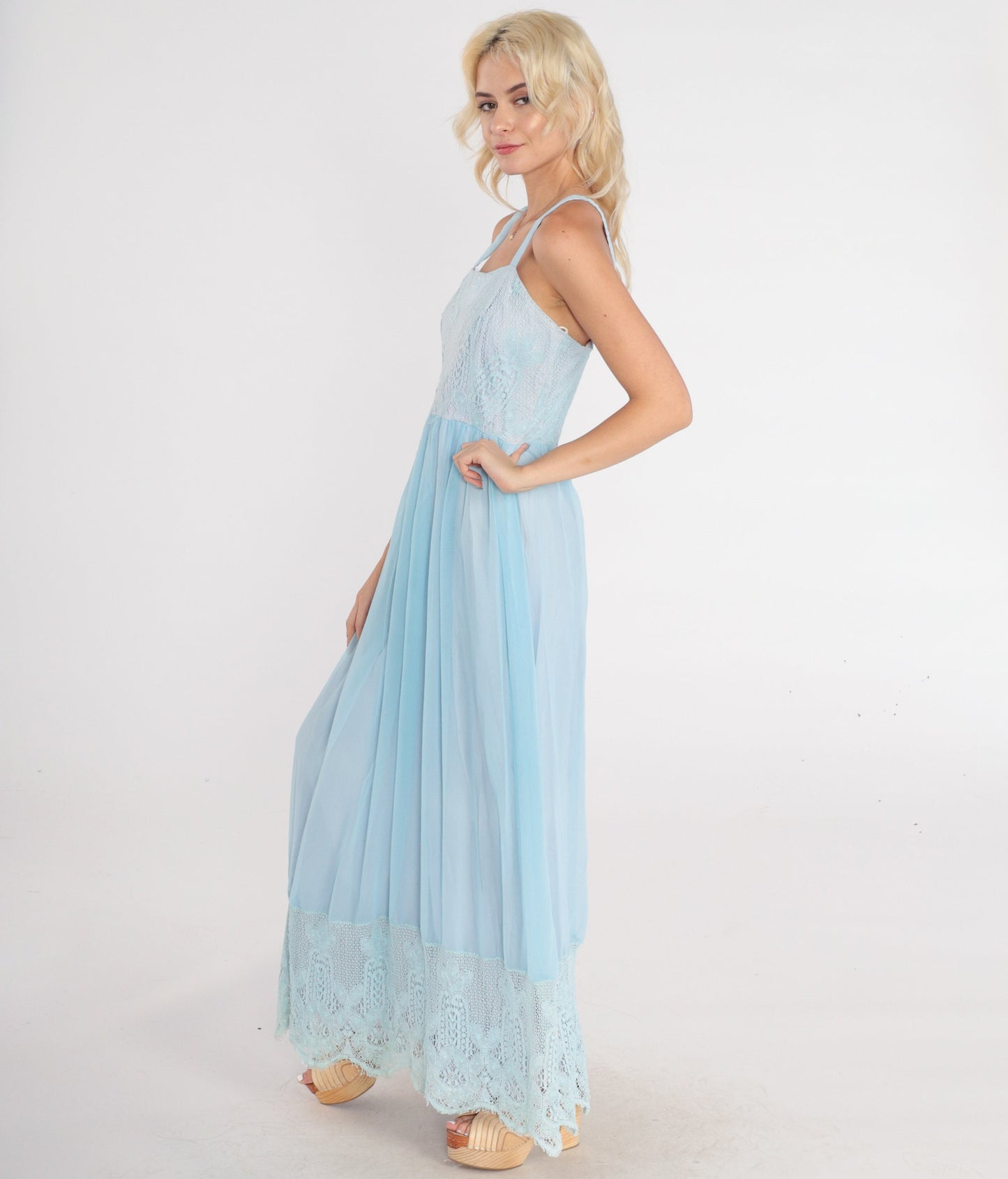 70s Baby Blue Lace Maxi Dress High Waist Tank Strap Sundress Small