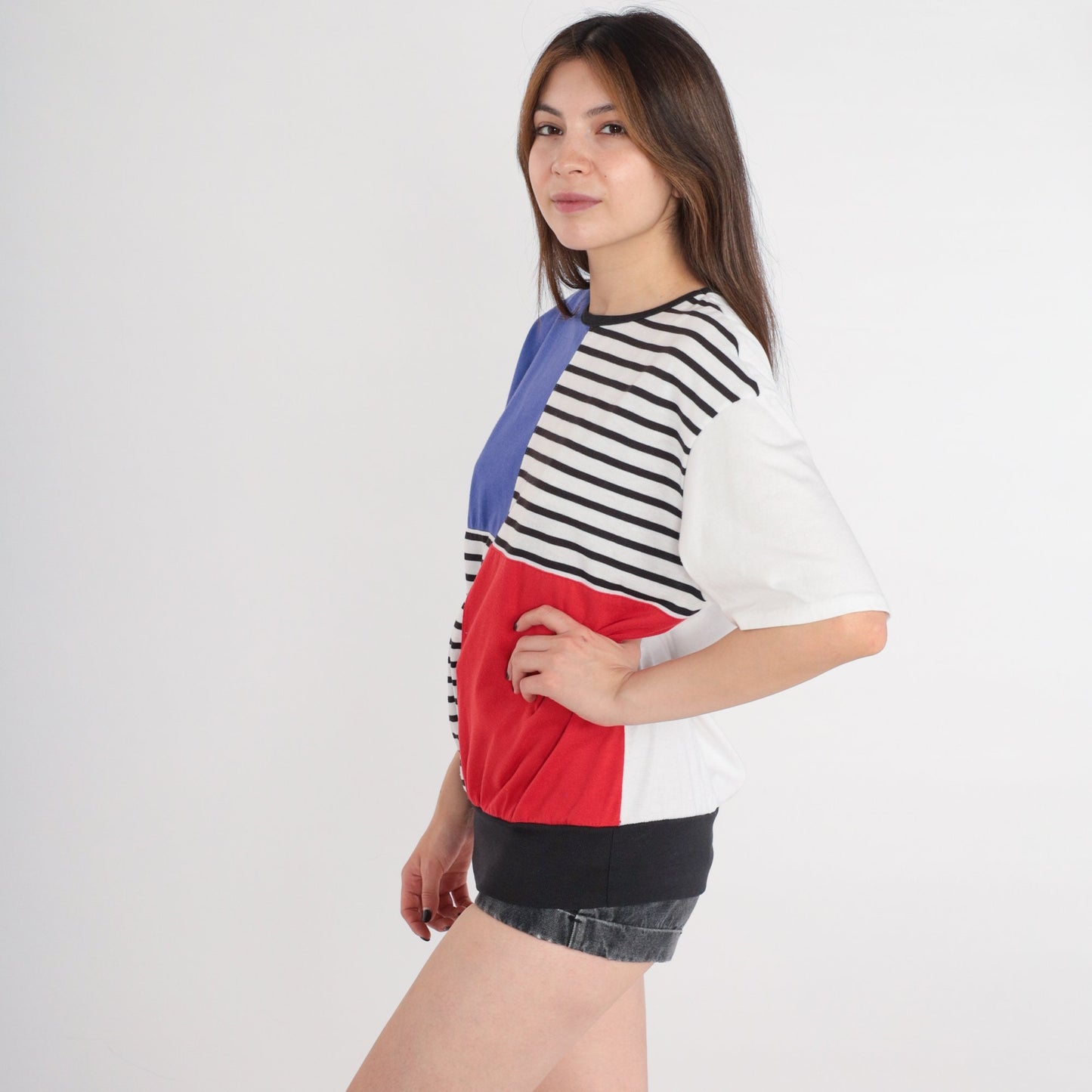 90s Striped Colour Block T-Shirt White Black Red Blue Short Sleeve Medium M