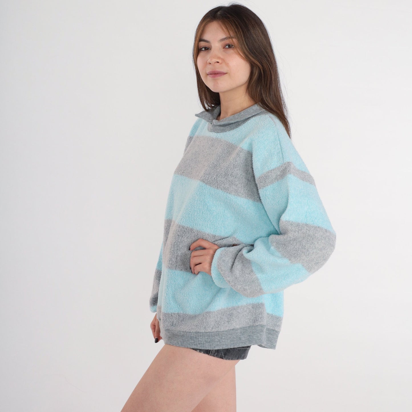 80s Striped Fleece Collared Sweatshirt Blue Grey Pullover Extra Large