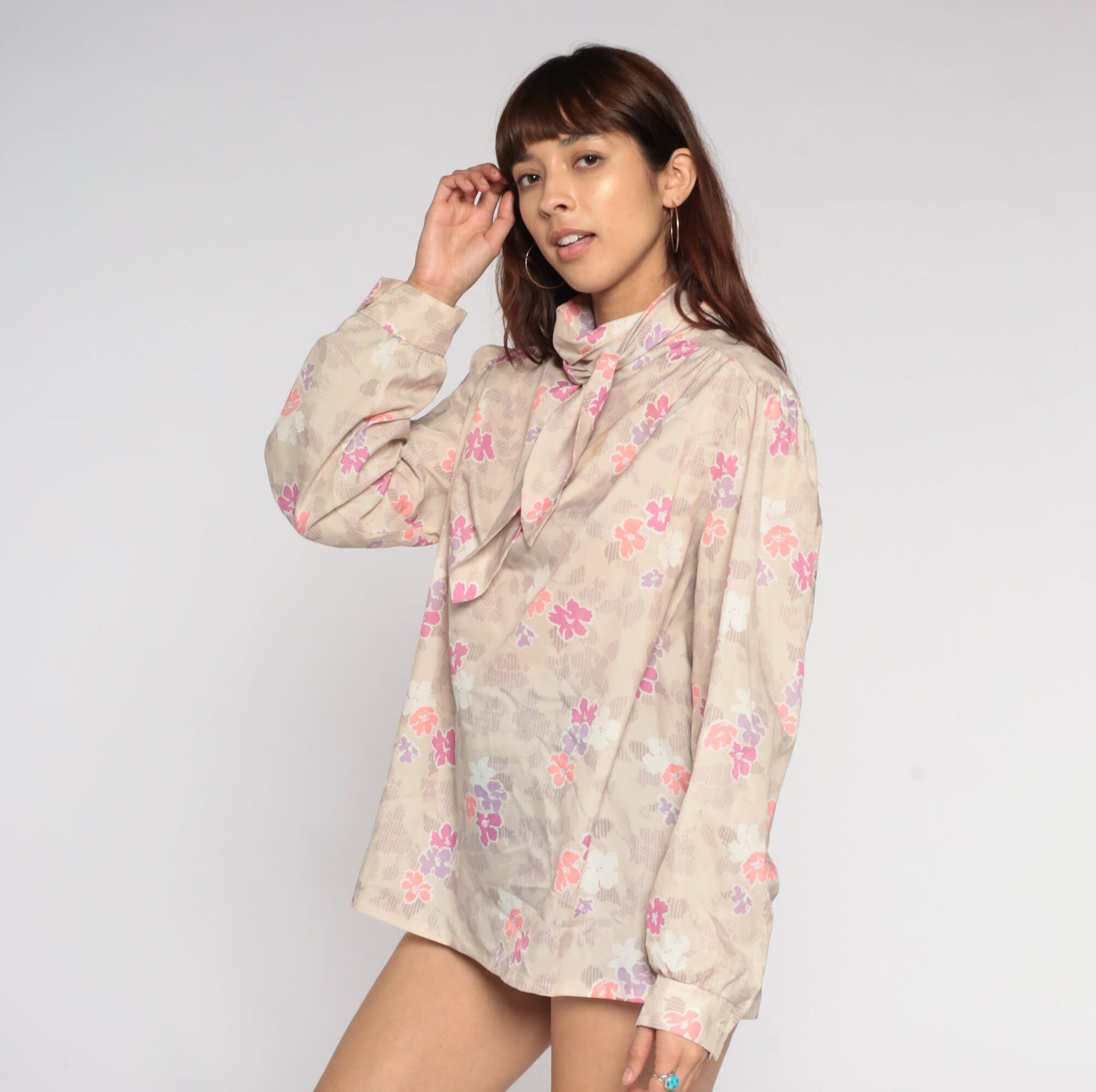 70s Floral Ascot Blouse Beige Neck Tie Long Sleeve Shirt Extra Large XXL
