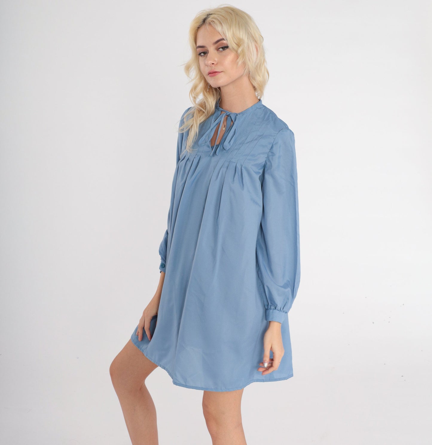 70s Blue Mini Dress Keyhole Tie Neck Long Sleeve Tent Cut Medium