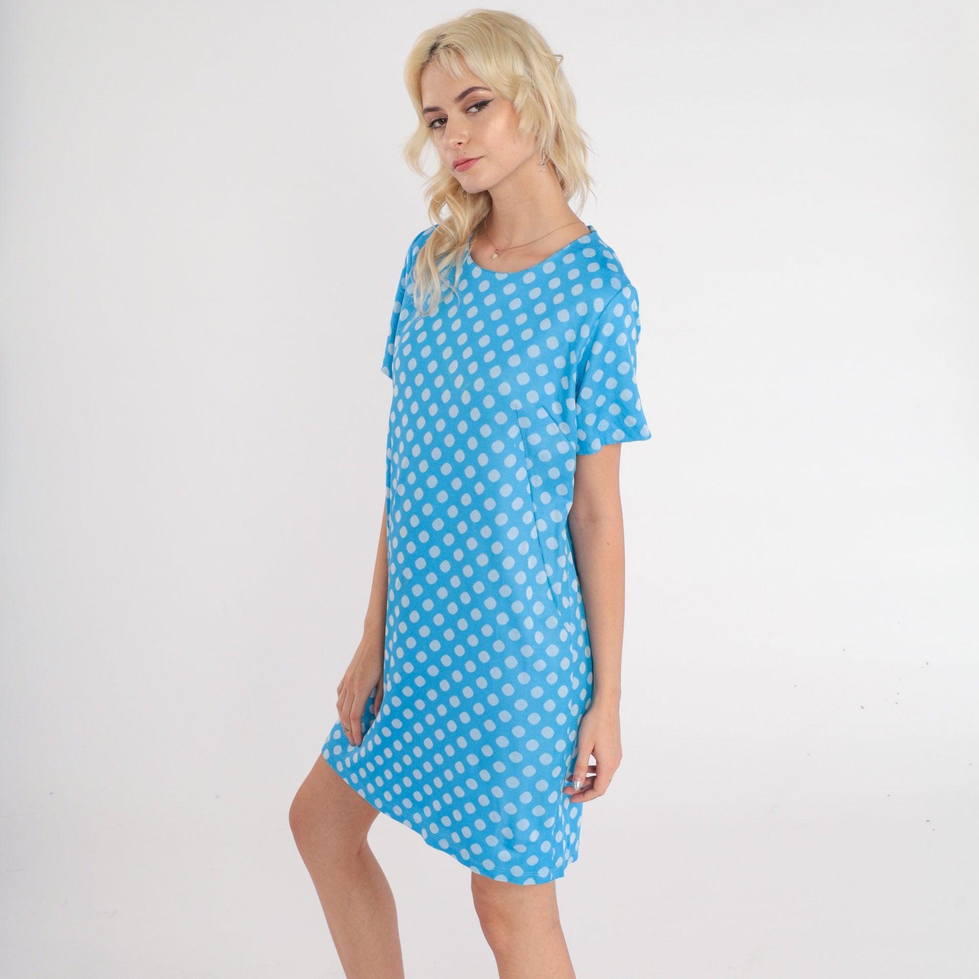60s Blue Polka Dot Shift Dress Mini Mod Space Age Short Sleeve Small S