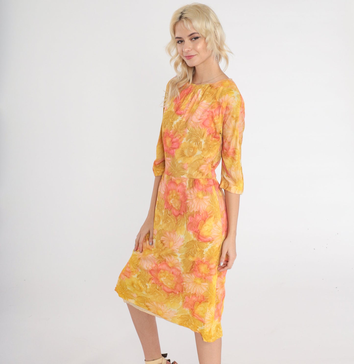 1960s Floral Watercolor Print Dress High Waist 3/4 Sleeve Midi Yellow Green Small