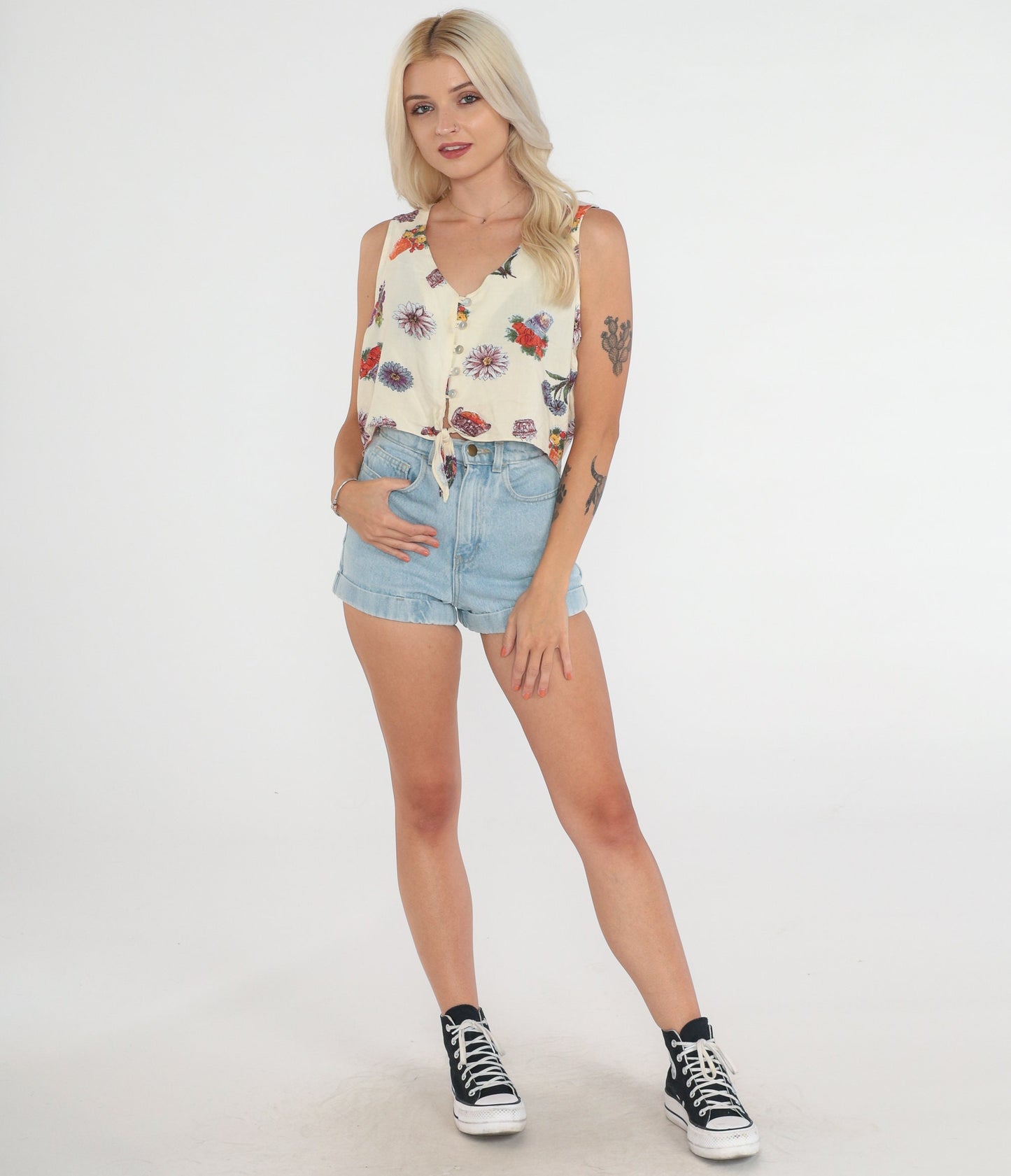 90s Floral Gardening Crop Top Cream Button-Up Tank Tie Waist Large