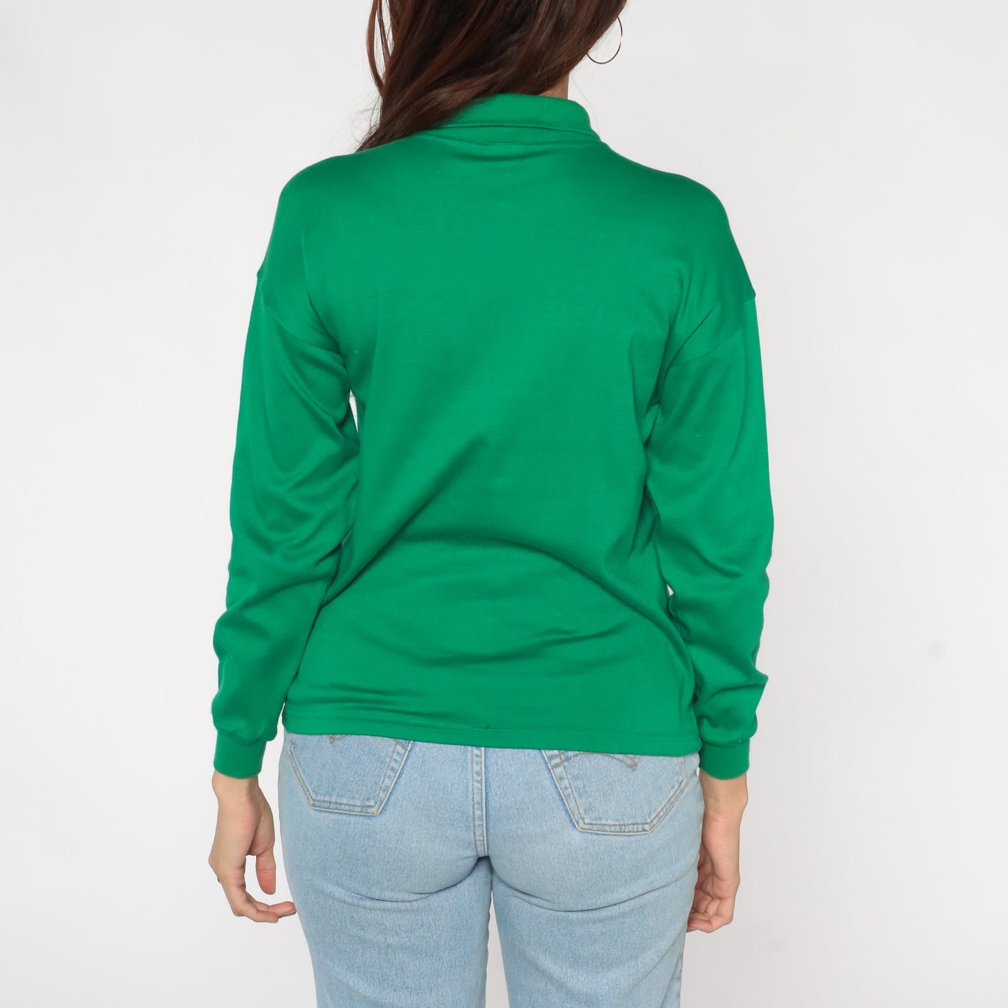 80s Benetton Green Polo Shirt Long Sleeve Cotton Collared Small