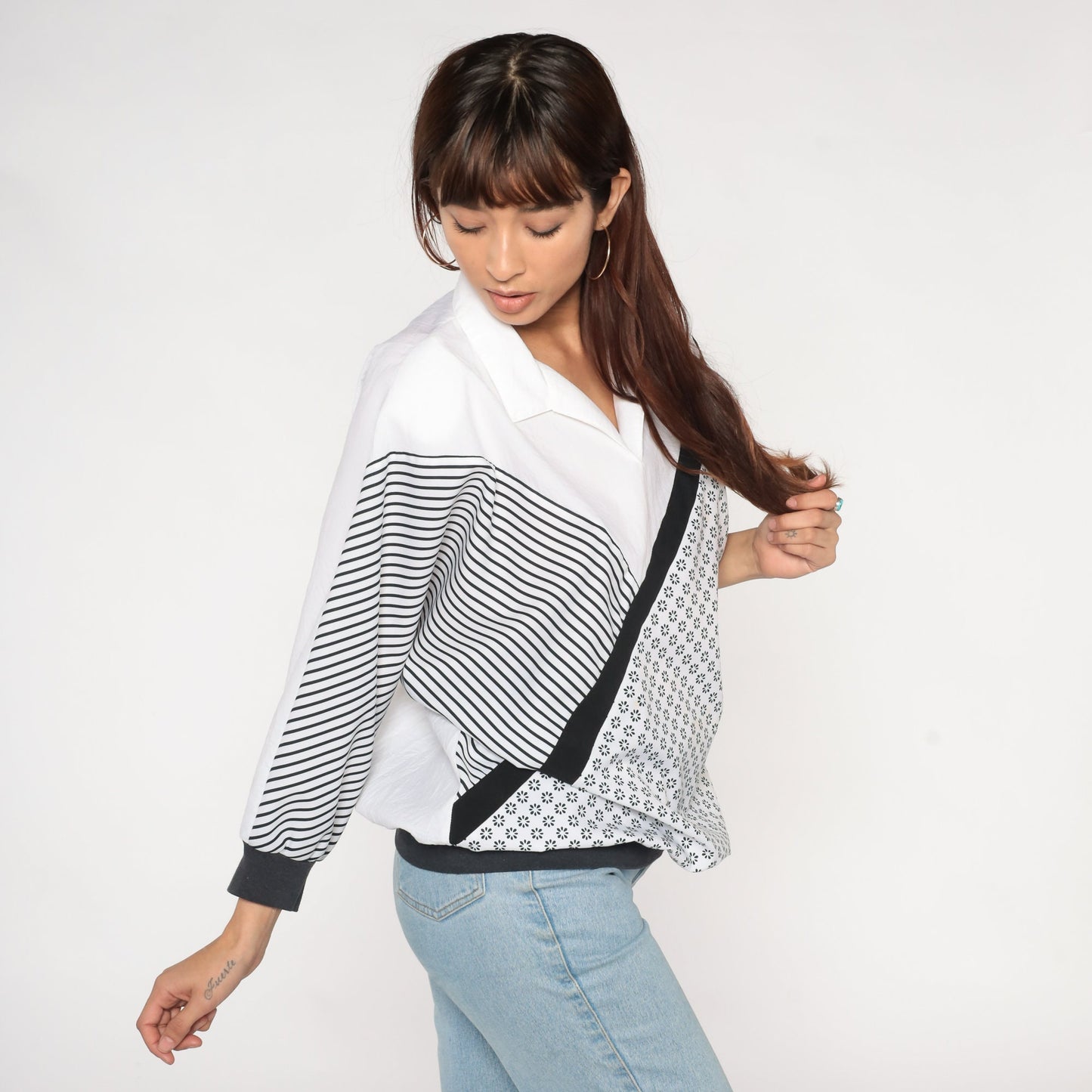 80s Black White Striped Floral Shirt Collared Blouse 3/4 Sleeve Extra Large XL