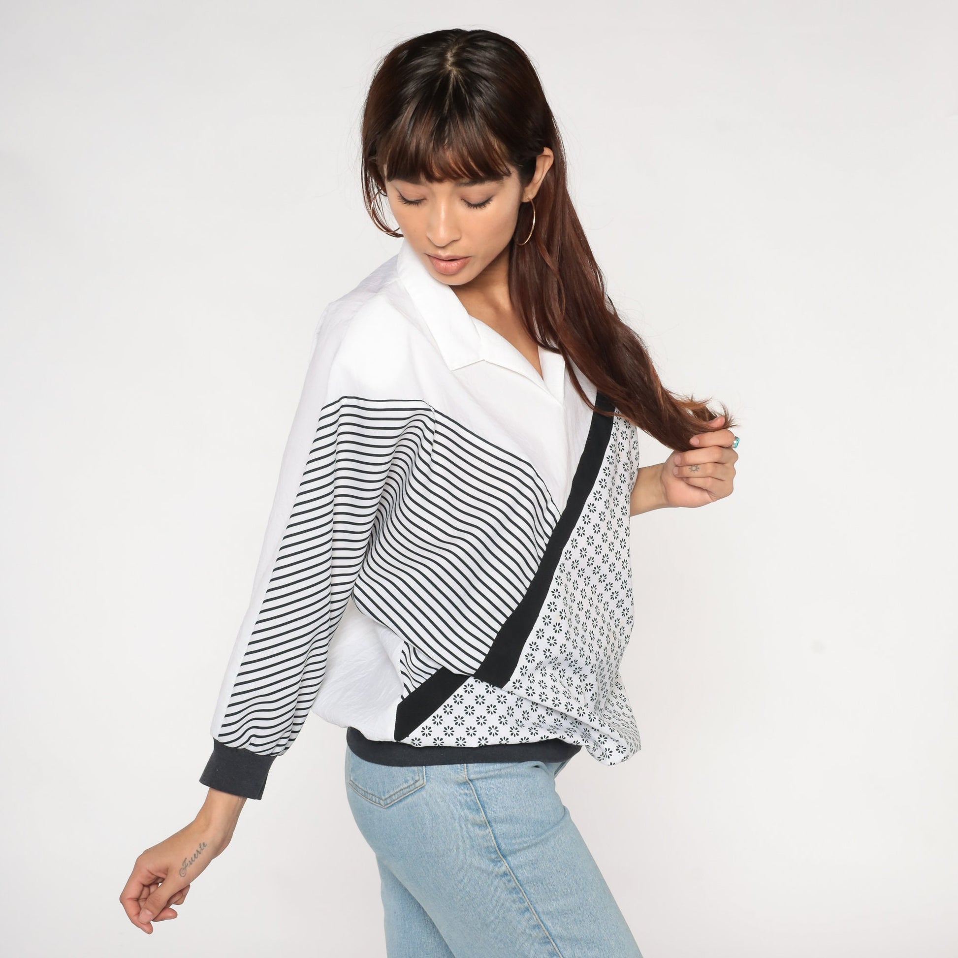 80s Black White Striped Floral Shirt Collared Blouse 3/4 Sleeve Extra Large XL