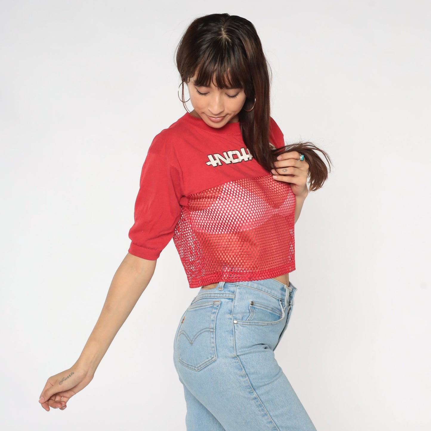 80s Indiana University Mesh Crop Top Red Sheer T-Shirt Medium