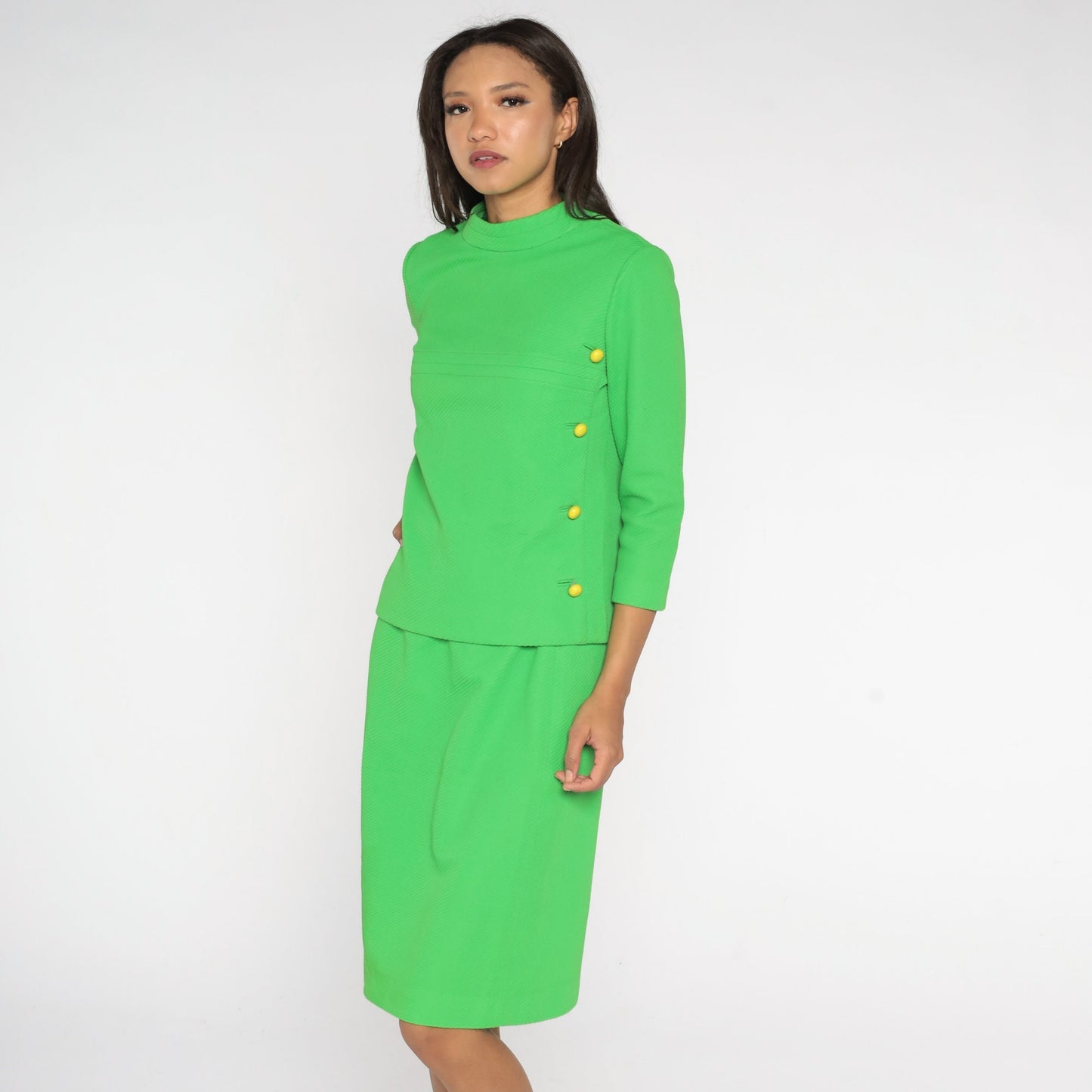60s Neon Lime Green Mod Two Piece Dress Suit Cowl Neck Top Pencil Skirt Small