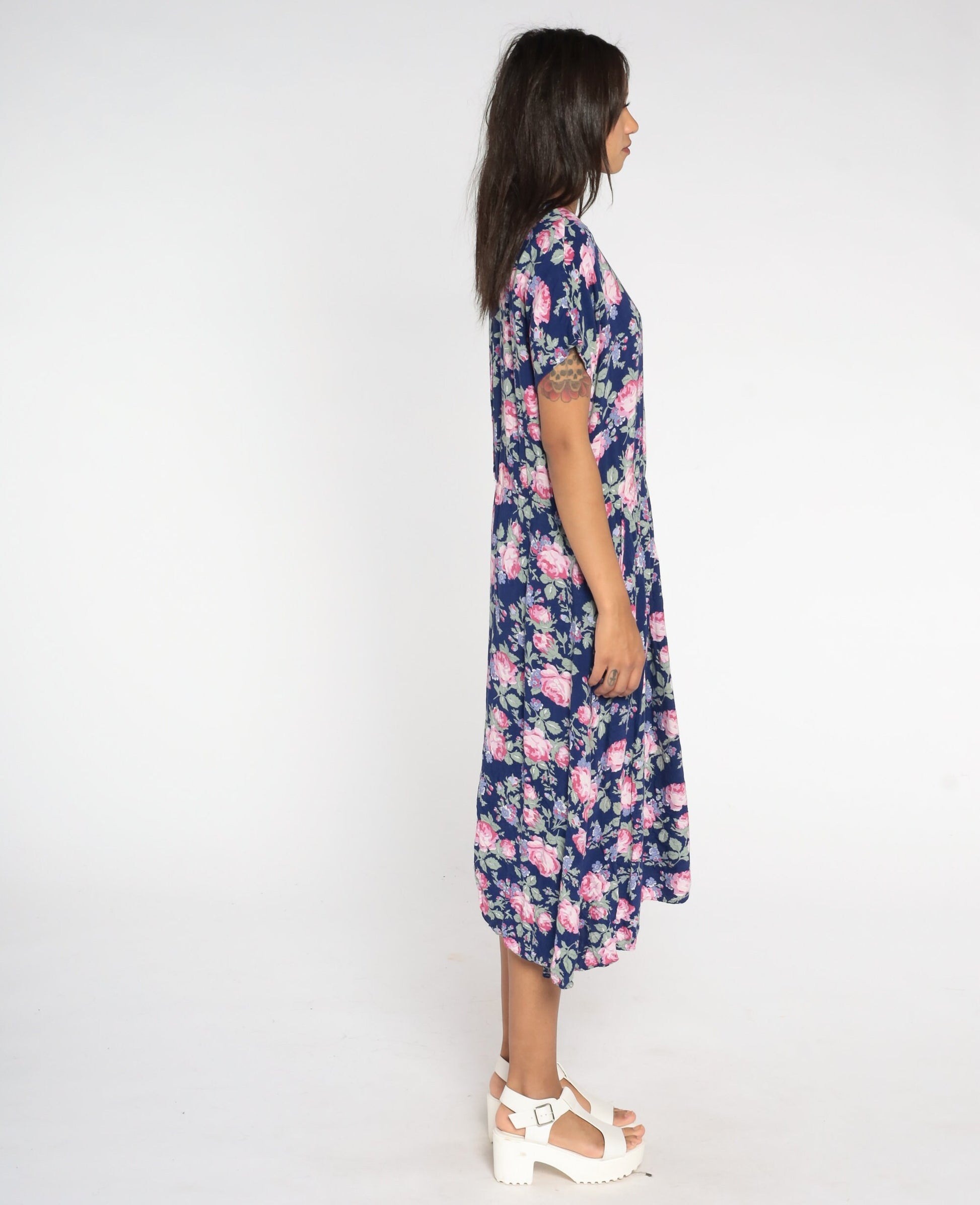 90s Paquette Too Floral Midi Dress Blue Rose Print Low Waist Medium