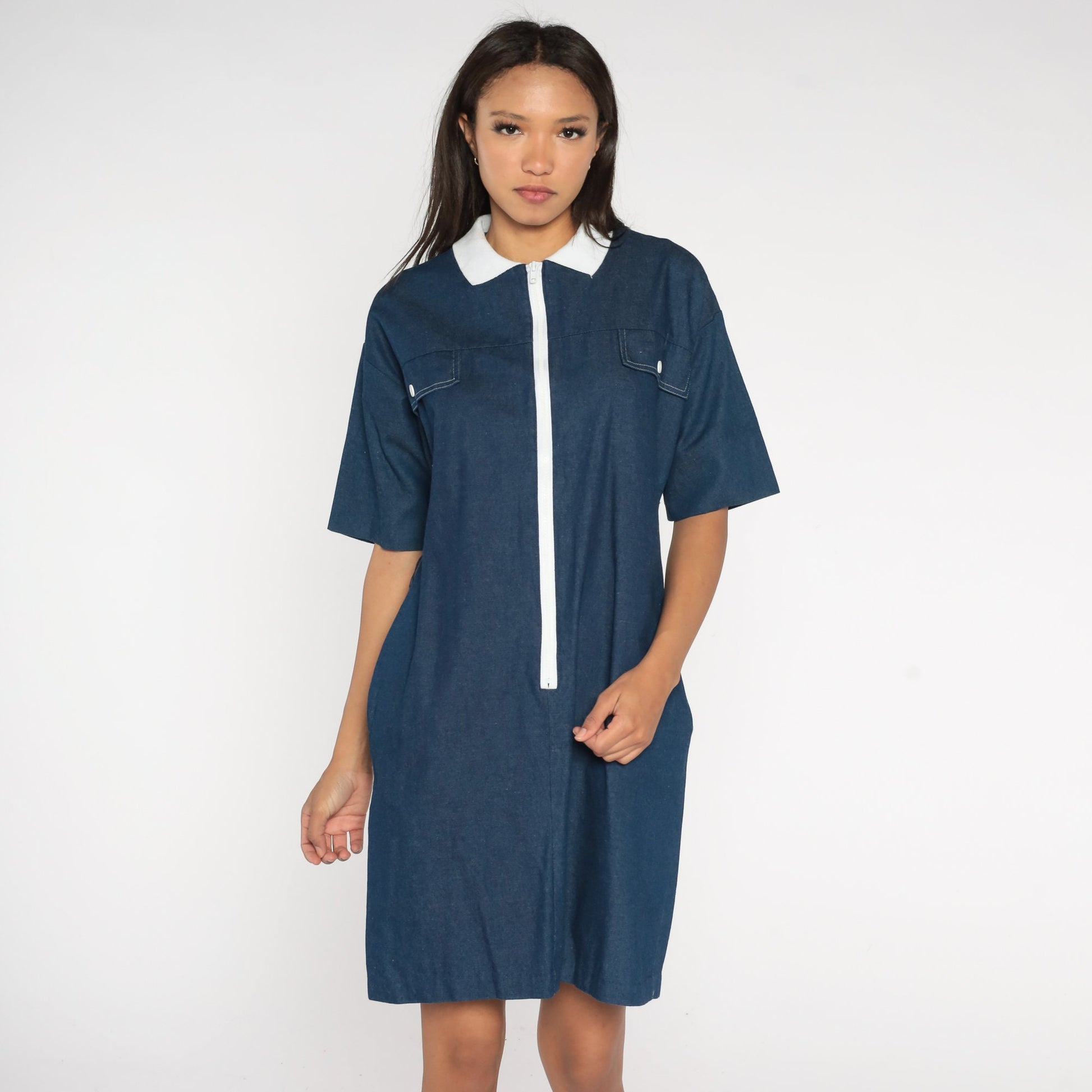 80s Dark Blue Chambray Shift Dress White Collar Front Zip Mini Medium