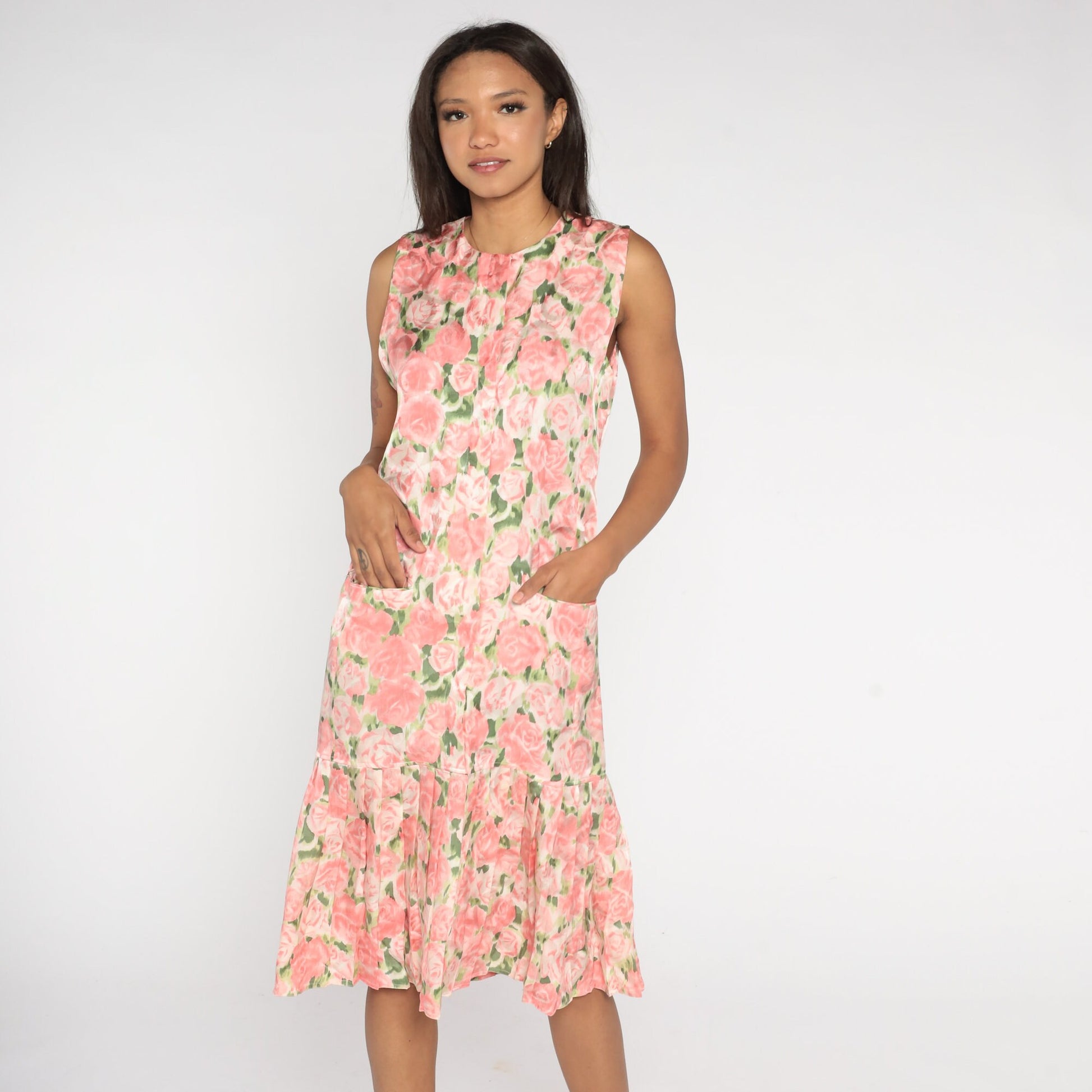 Y2K Maggie London Silk Floral Midi Dress Pink Green Sleeveless Small 6