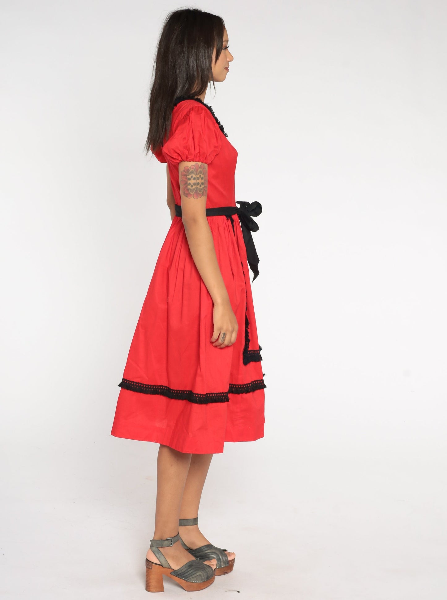 1960s Red Puff Sleeve Midi Dress Black Fringe High Waist Extra Small