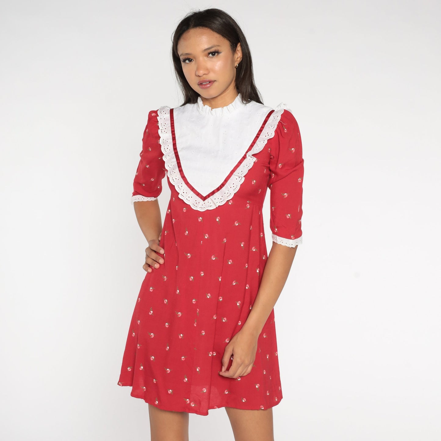 90s Red Floral Mini Dress Eyelet Lace Bib Empire Waist Puff Sleeve Extra Small