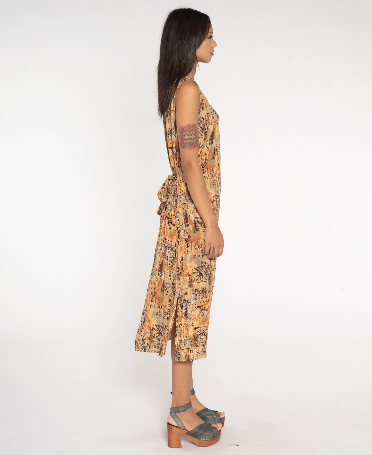 90s Notations Floral Midi Dress Geometric Print Tan Brown Orange Petite Large