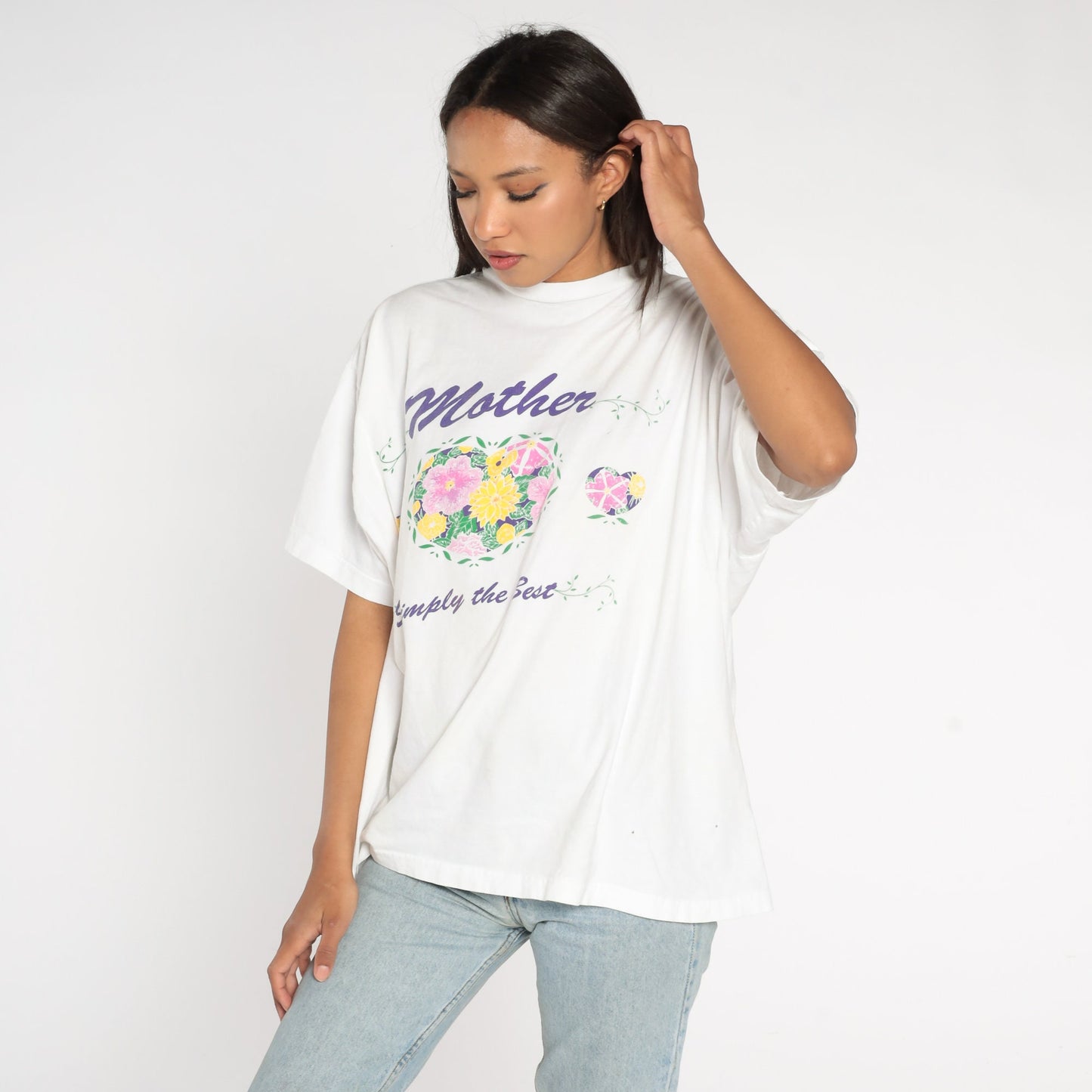 90s Mother Simply The Best Graphic T-Shirt Floral Print White Cotton Extra Large