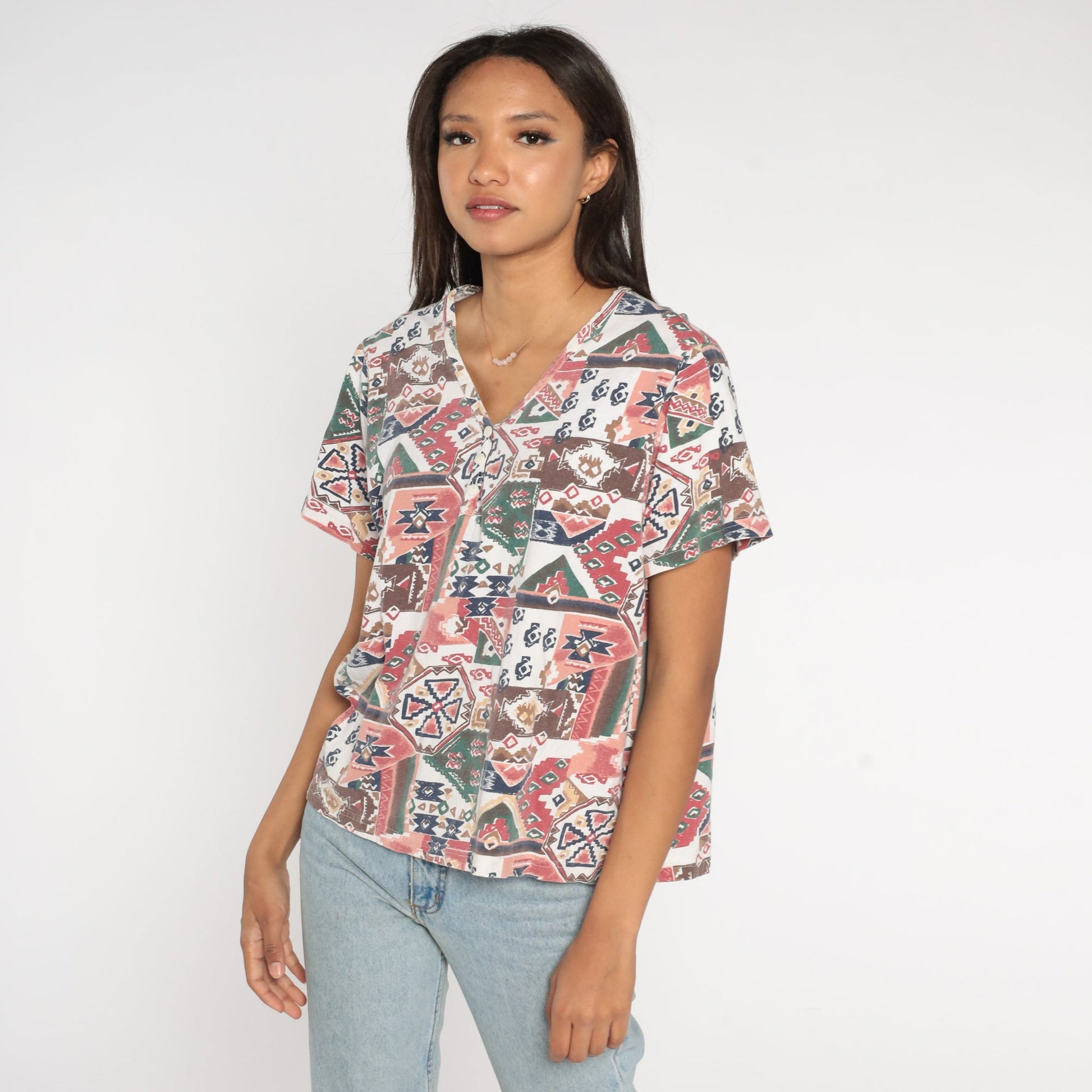 90s Southwestern Aztec Henley T-Shirt Geometric Print Pink Brown Red Large L