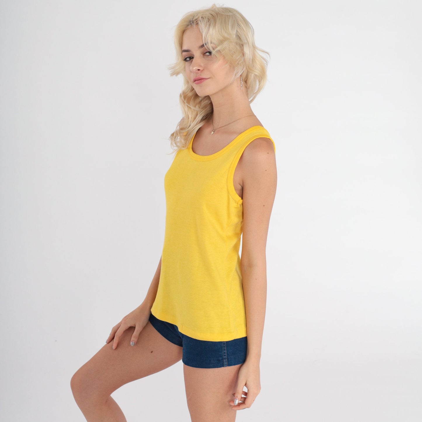 80s Yellow Tank Top Sleeveless Shirt Cotton Blend Small S