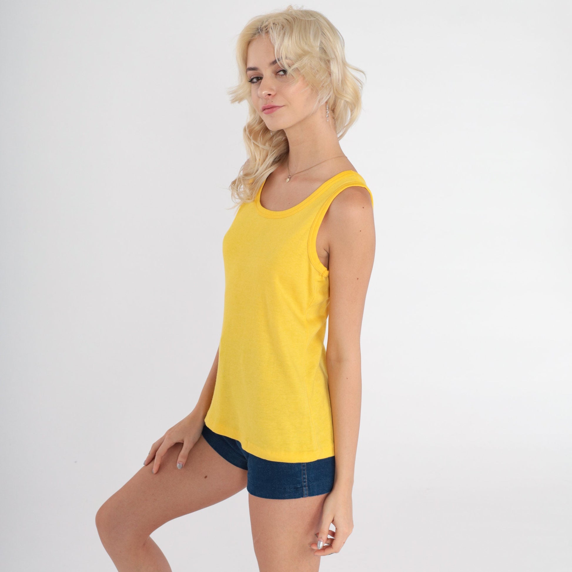 80s Yellow Tank Top Sleeveless Shirt Cotton Blend Small S