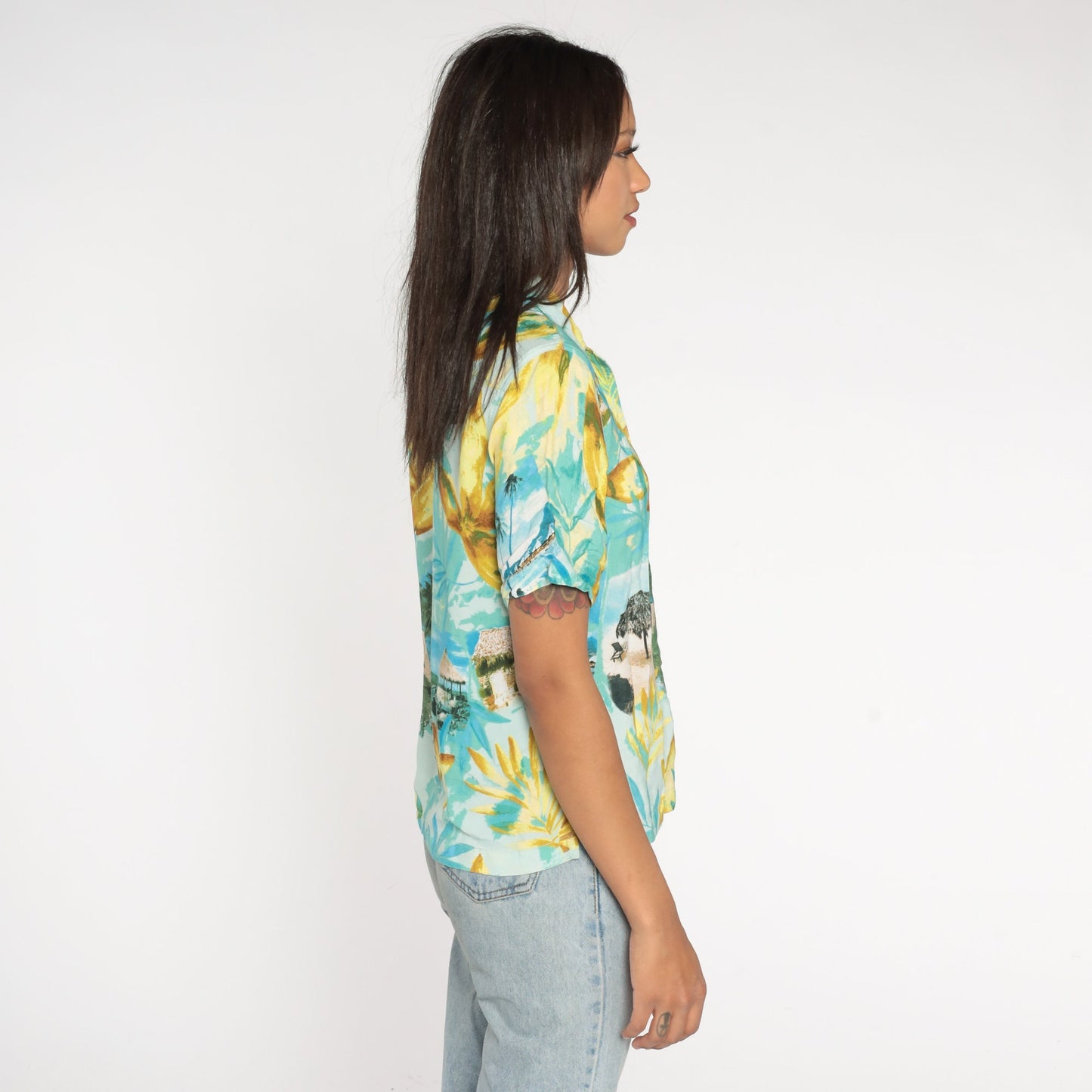 Y2K Hawaiian Floral Button-Up Shirt Blue Tropical Cabana Print Small