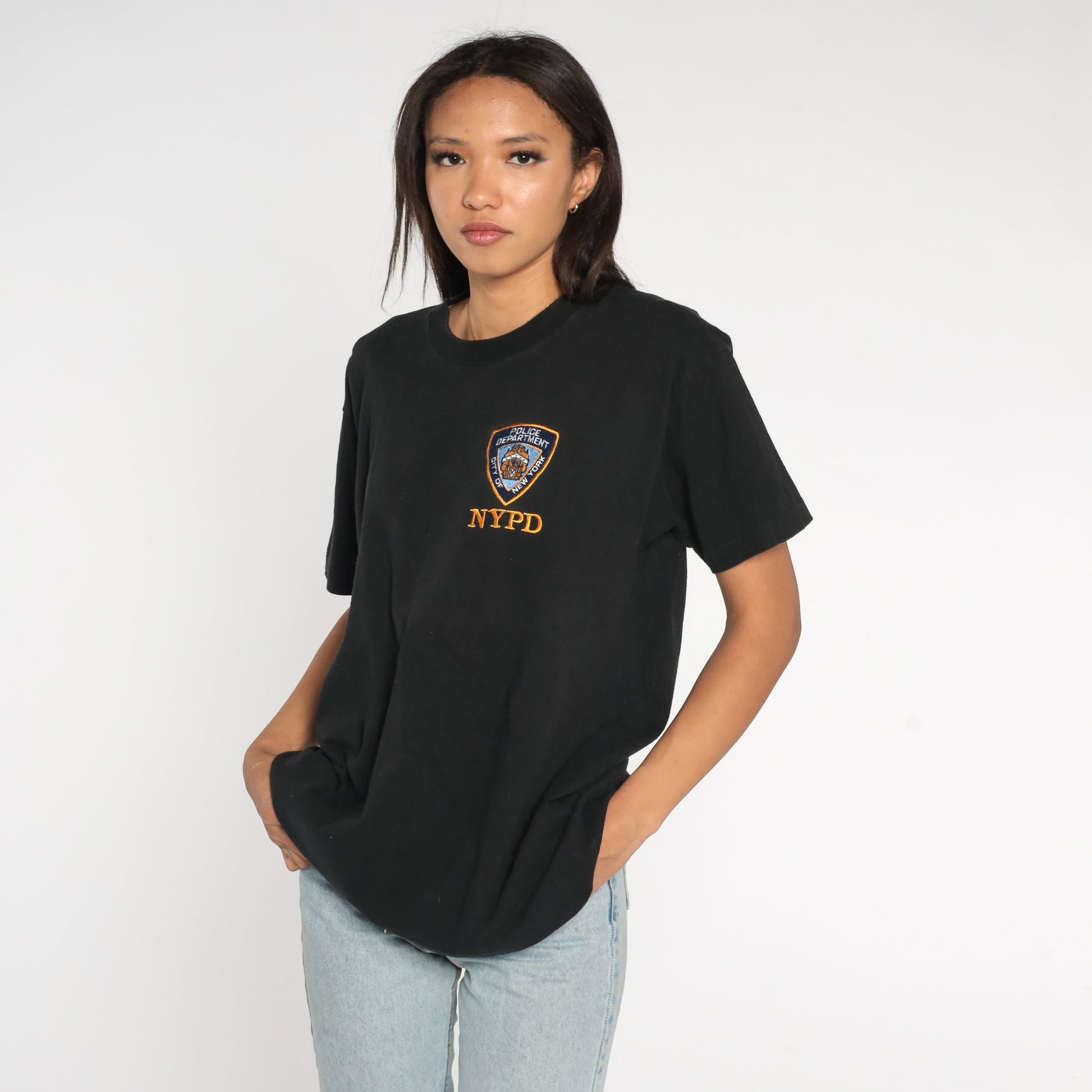90s NYPD Embroidered T-Shirt New York City Police Graphic Tee Black Cotton Large
