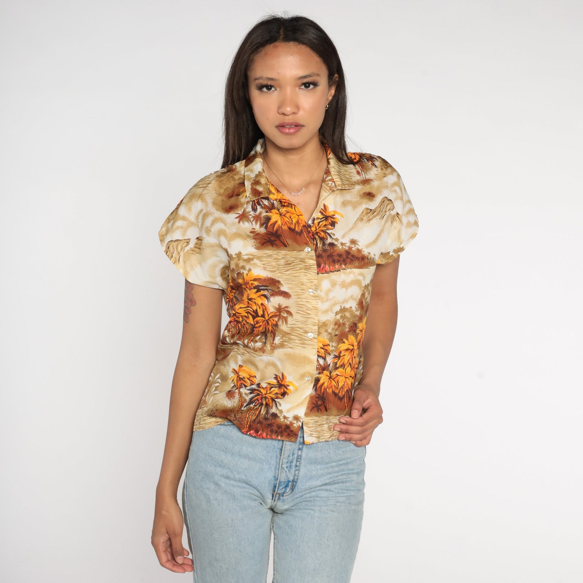 70s Hawaiian Shirt Palm Tree Mountain Print Brown Yellow Cap Sleeve Small