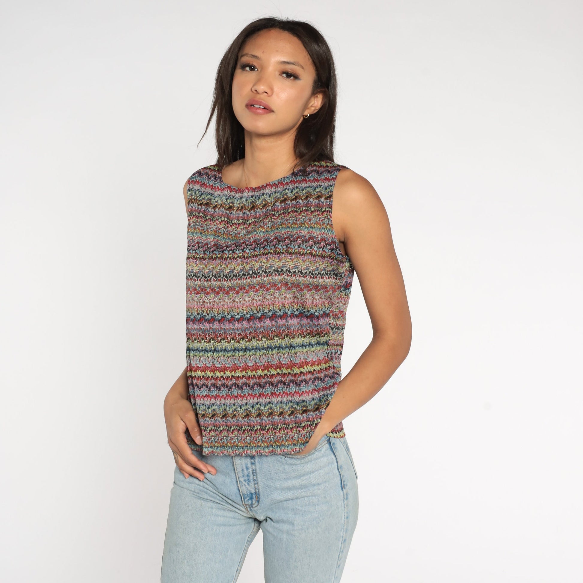 Y2K Striped Rainbow Tank Top Sleeveless Blouse Large