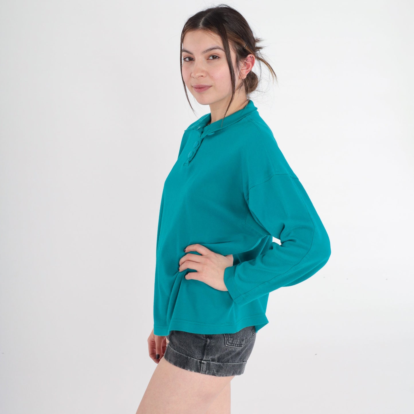 90s Teal Green Collared Long Sleeve Polo Shirt Medium M