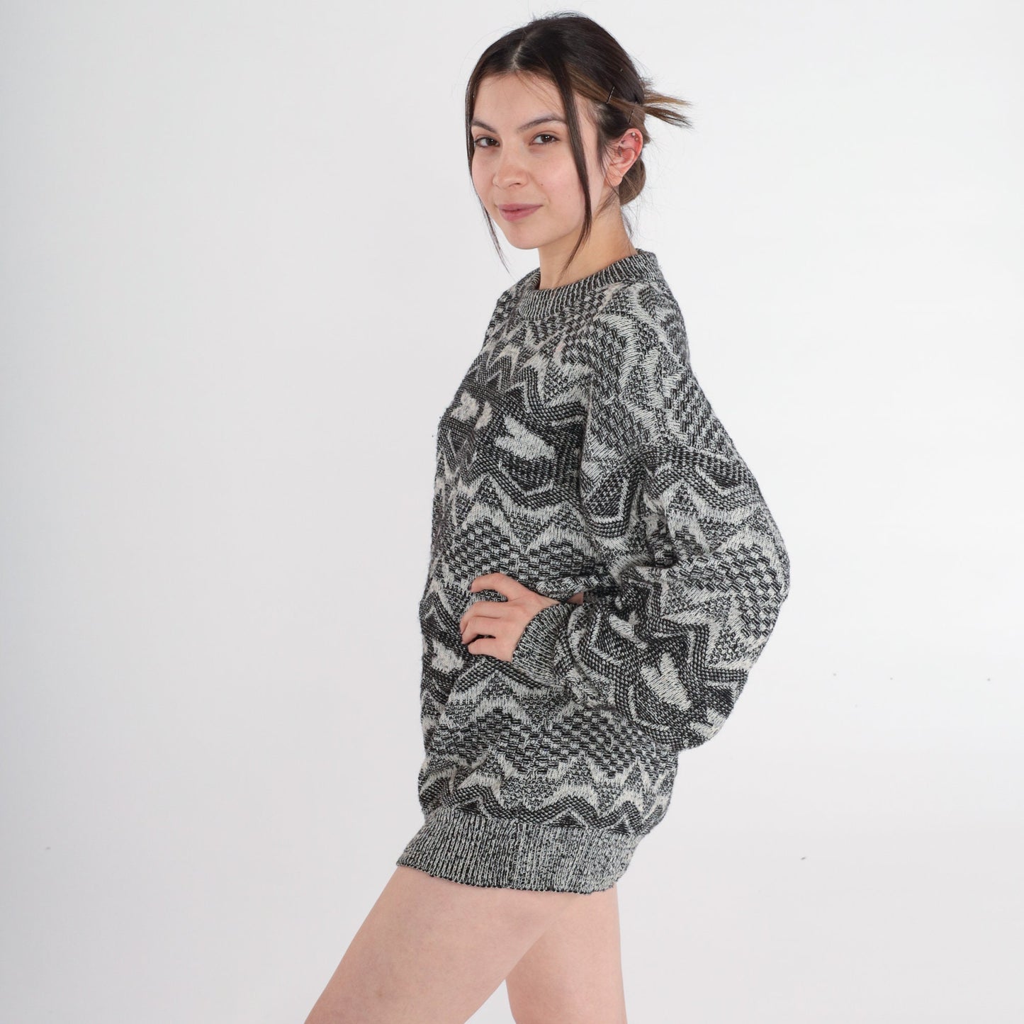 90s Geometric Triangle Wool Blend Sweater Crewneck Pullover Grey Large