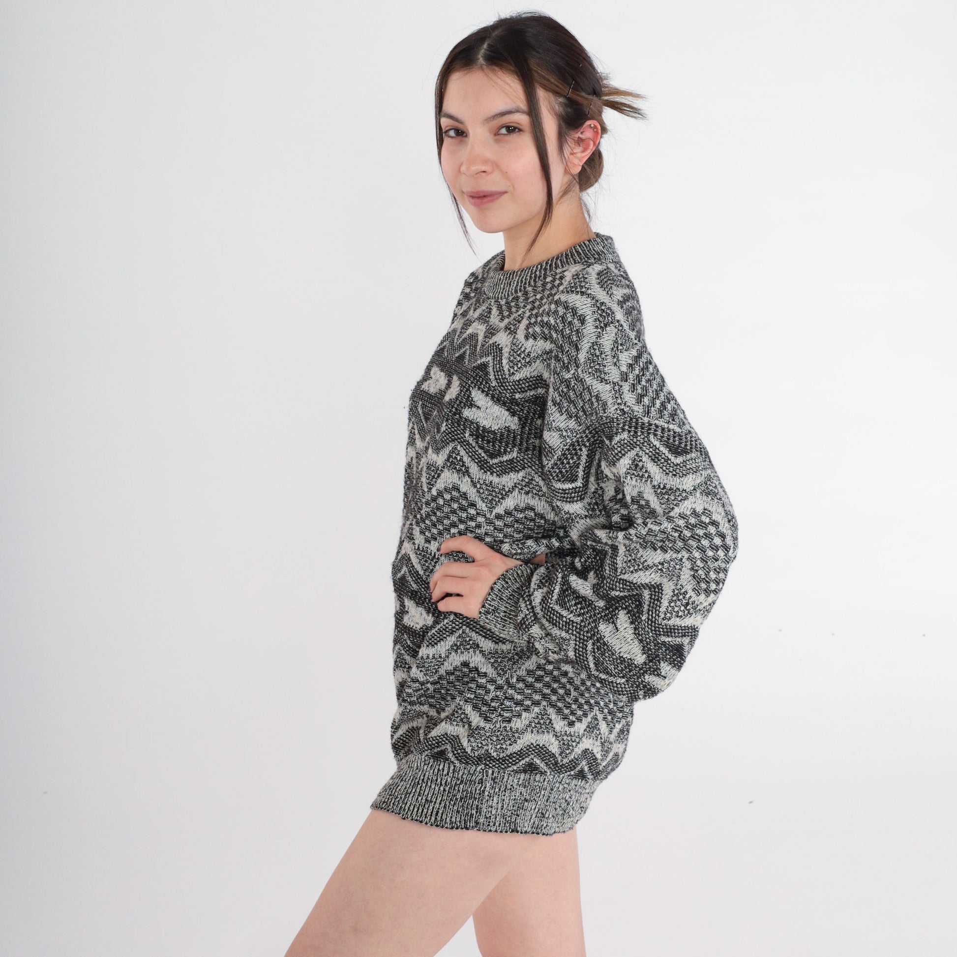 90s Geometric Triangle Wool Blend Sweater Crewneck Pullover Grey Large