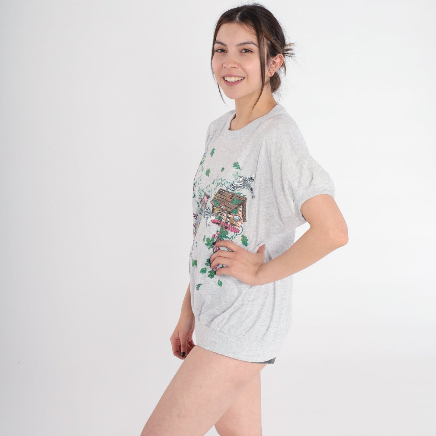 90s Birdhouse Graphic T-Shirt Heather Grey Banded Hem Large L